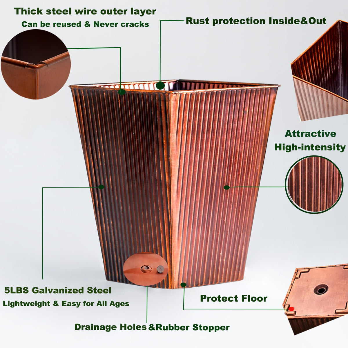 Ultiteque18 H x13 Dia Large Copper Metal Planter Set of 2, Tall Square Tapered Steel Flower pots for Indoor Plants, Indoor Plant Pots Lightweight for Apartment Office, Planter Pots with Drainage&Plug