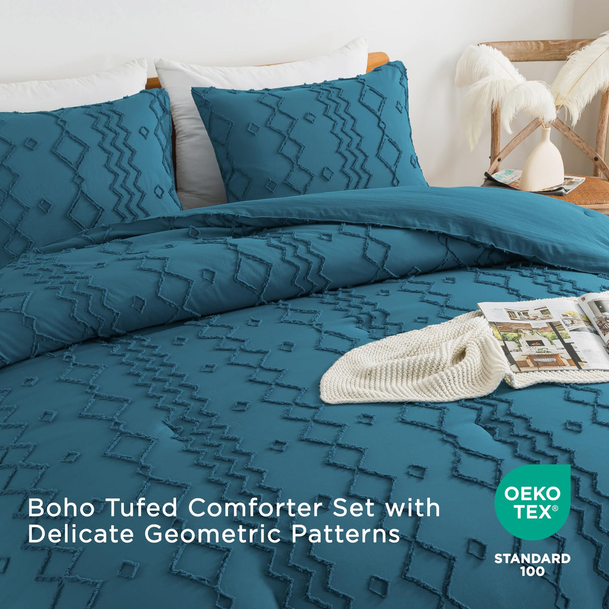 Andency Teal Tufted Comforter Set Queen(90x90Inch), 3 Pieces(1 Boho Comforter, 2 Pillowcases) Textured Farmhouse Bed, Soft Down Alternative Geometric Bedding Set