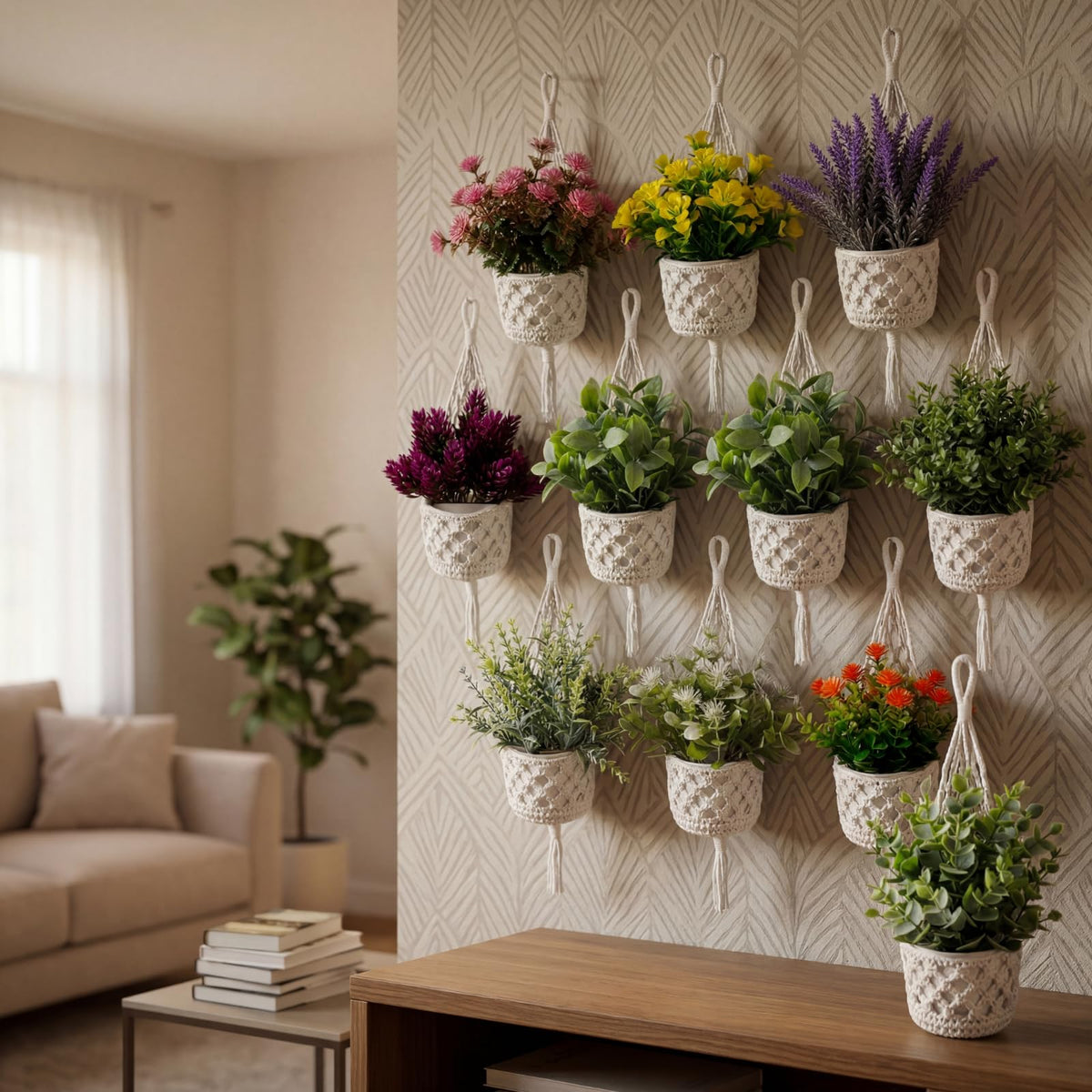 GliCraft 10 Pack Macrame Wall Plant Hanger with Artificial Pot Flower - Boho Wall Hanging Planter for Indoor Plant Cotton Rope Holder with Mini Fake Pot Flower for Home Wedding Decor Gift(White)