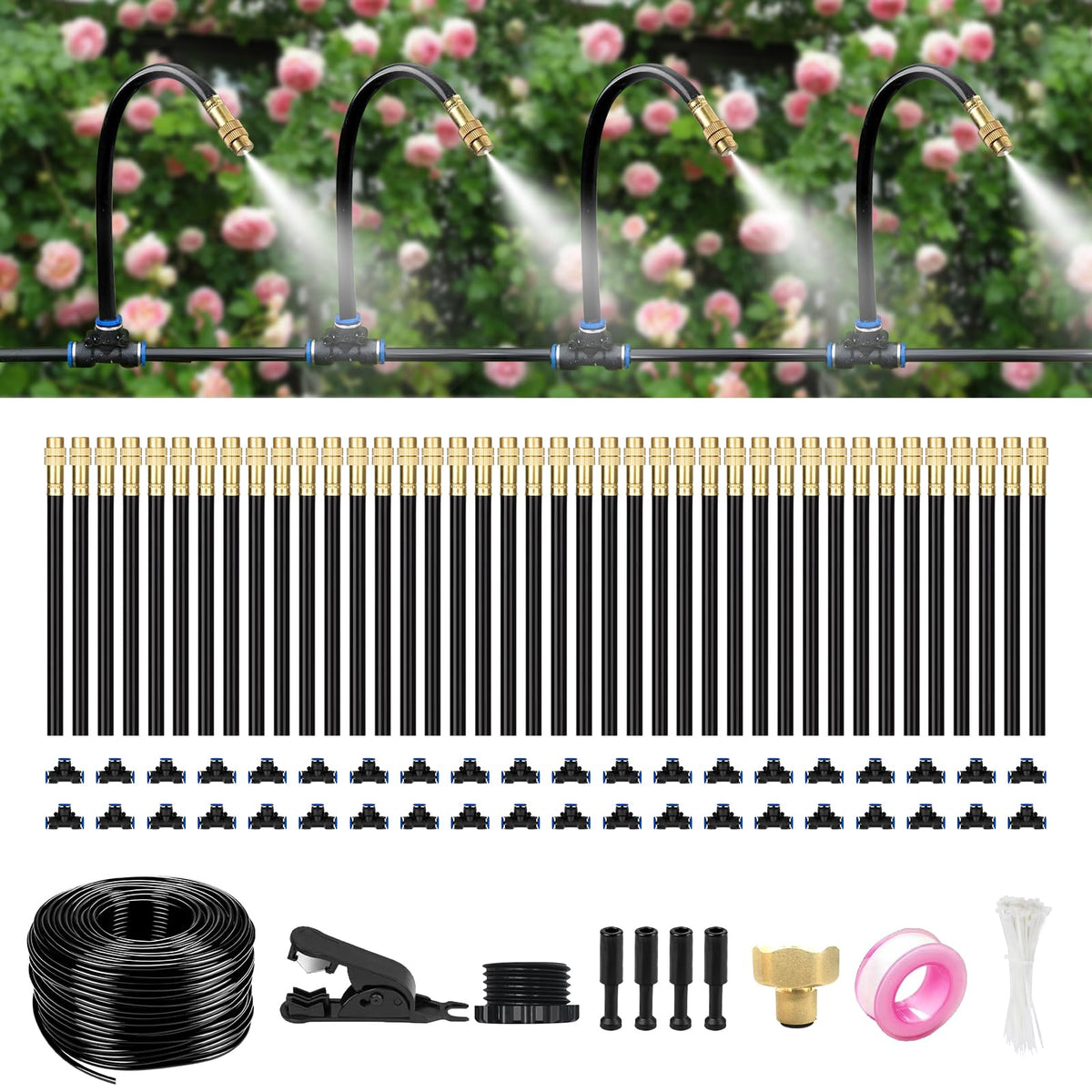 HEKIWAY 120FT Drip Irrigation System for Garden – Automatic Watering Kit with Solid Brass Metal Connectors, 360° Bendable Tubing &40 Adjustable Nozzles for Greenhouse, Lawn, Yard & Plants