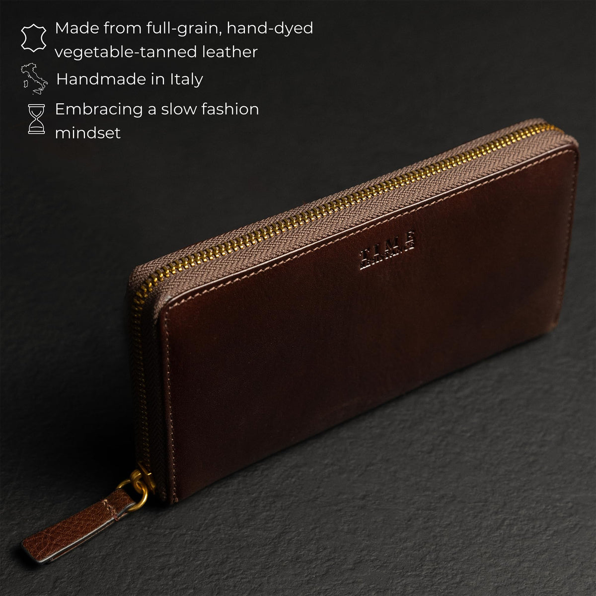 Time Resistance Leather Minimalist Wallet – Handmade Italian Full-Grain Leather Continental Wallet – Slim Cards and Cash Holder (Brown)