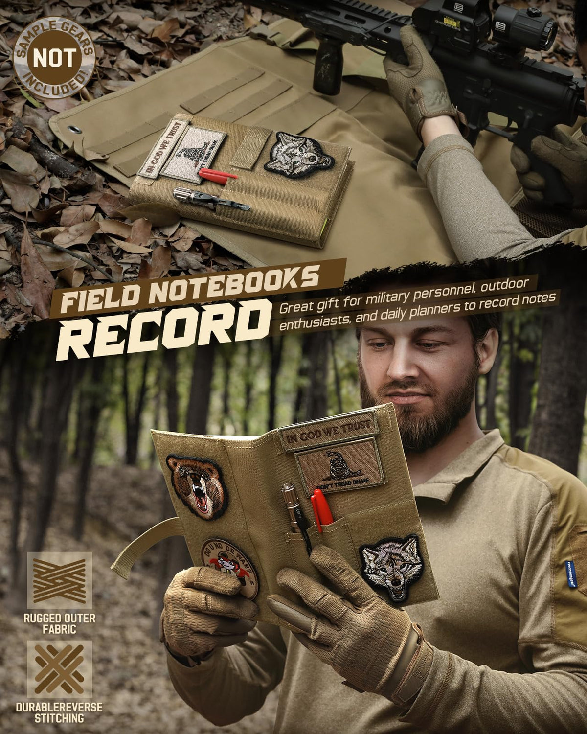 Tactical Book Cover for 5.5" x 8" Military Log Book, Green Book Protective Holder, Detachable Army Field Notebook Cover with Flag Patch, for Protecting (Tan, 5.7x8.7 in)