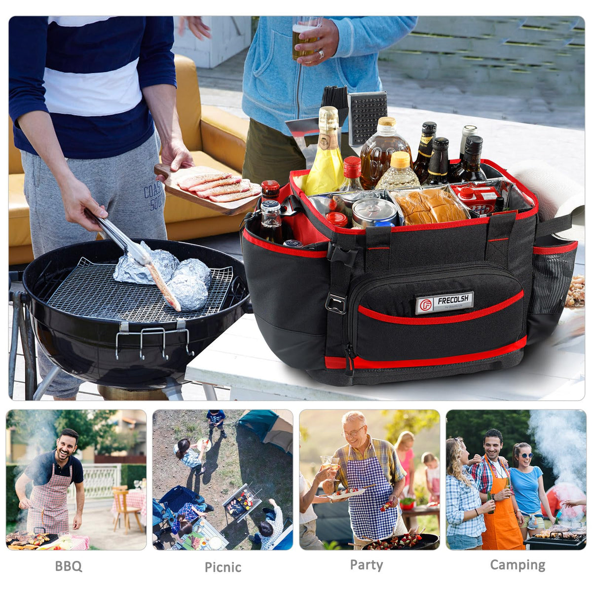 FRECOLSH Large BBQ Organizer with Molded Hard Base, Compatible with Blackstone Outdoor Utensil Bag for Camping, Picnic & Tailgating, Portable Cooking Accessories Tote, Gift for Men