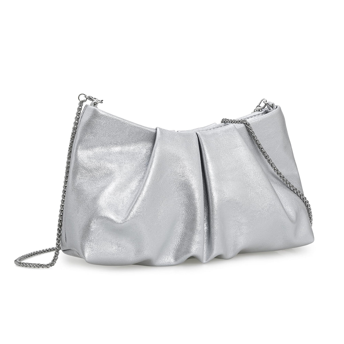 IXEBELLA Pleated PU Clutch Evening Purse for Women Dressy Formal Faux Leather Shoulder Handbag (Silver)