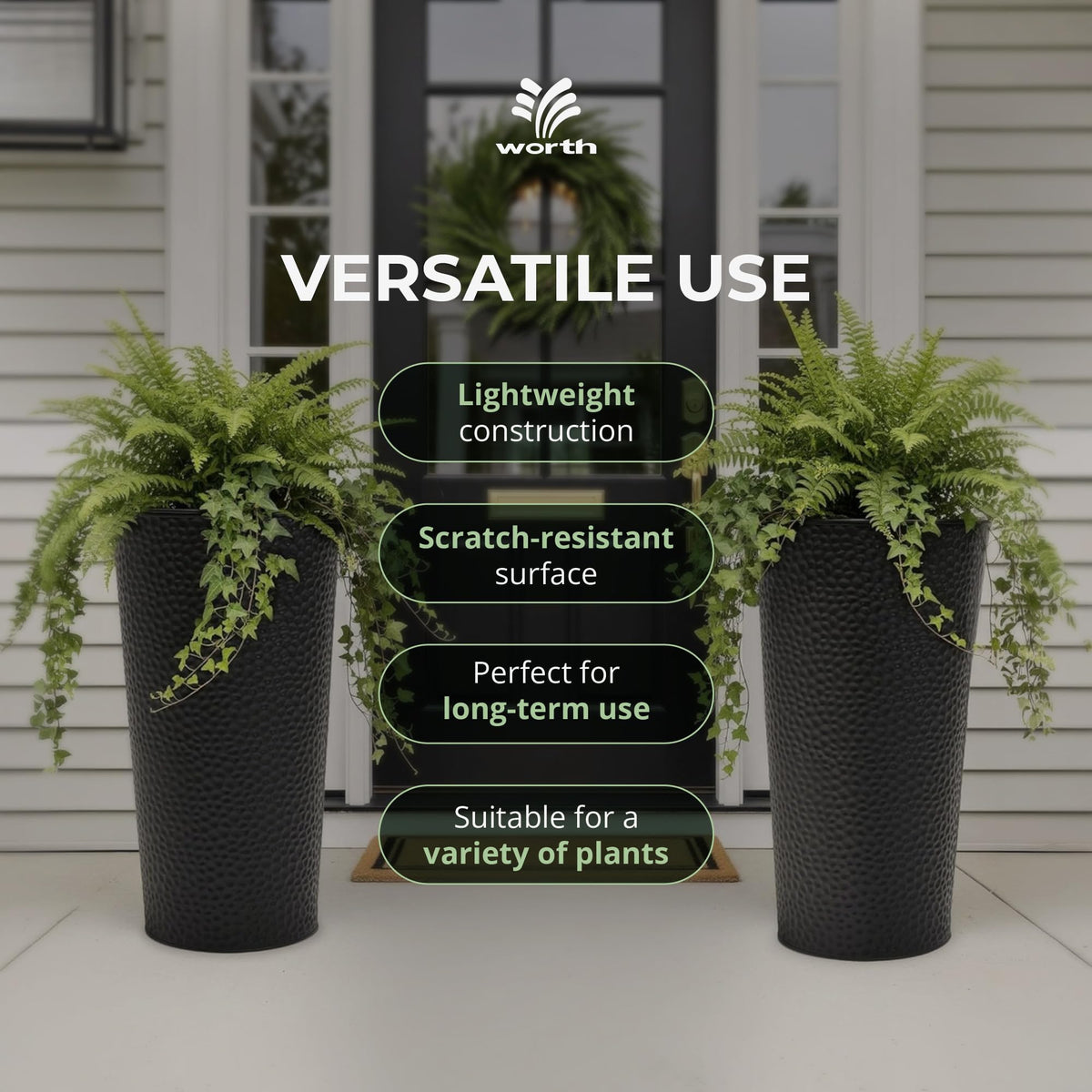Worth 2 Pack 28" Tall Narrow Metal Planter with Inside Pot for Indoors or Outdoors, Deck, Patio or Front Porch, Hand-Hammered Texture, Black