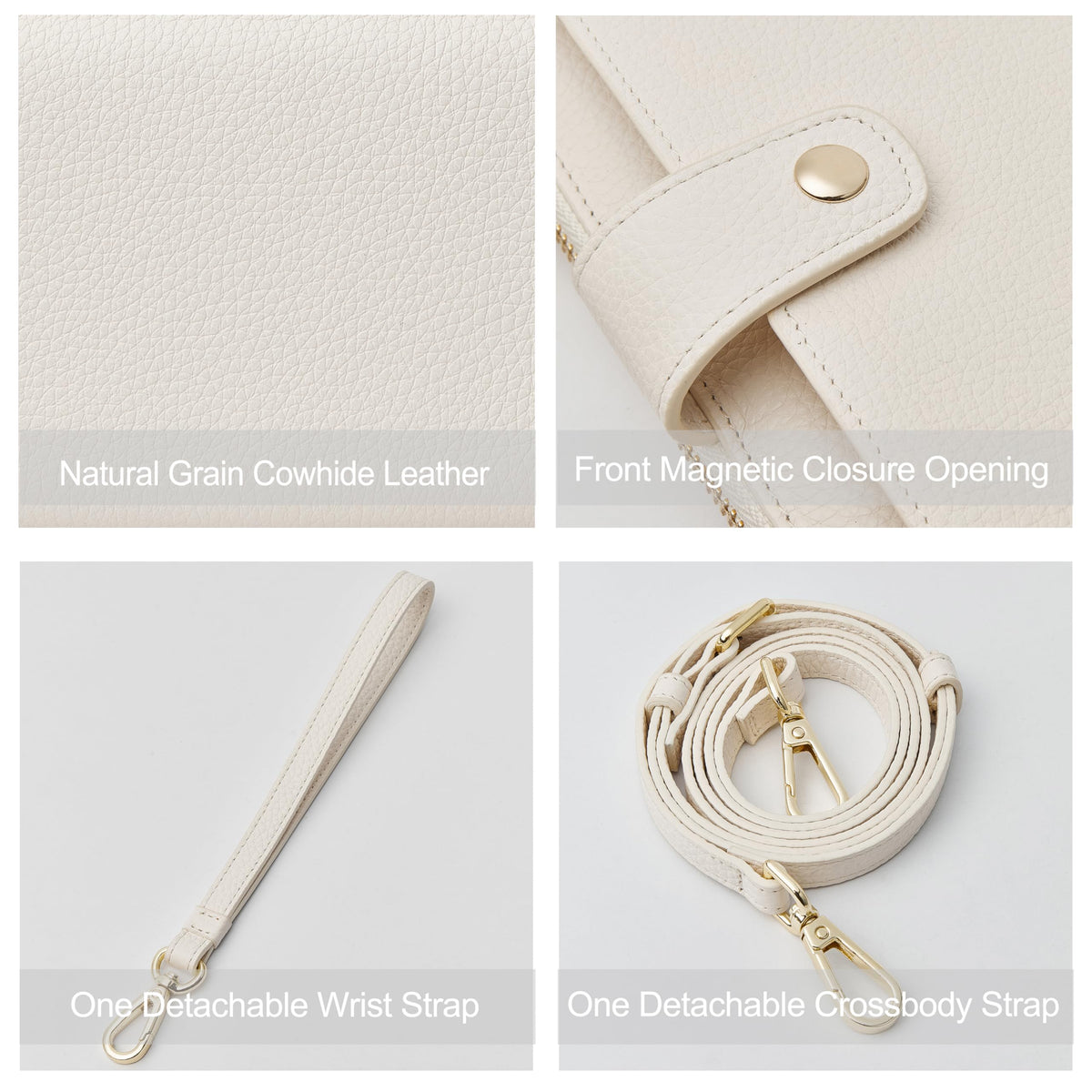 DORIS&JACKY Small Crossbody Cellphone Bags for Women, Mini Leather Wristlet Wallet Clutch Purse With Two Detachable Straps (2-White)