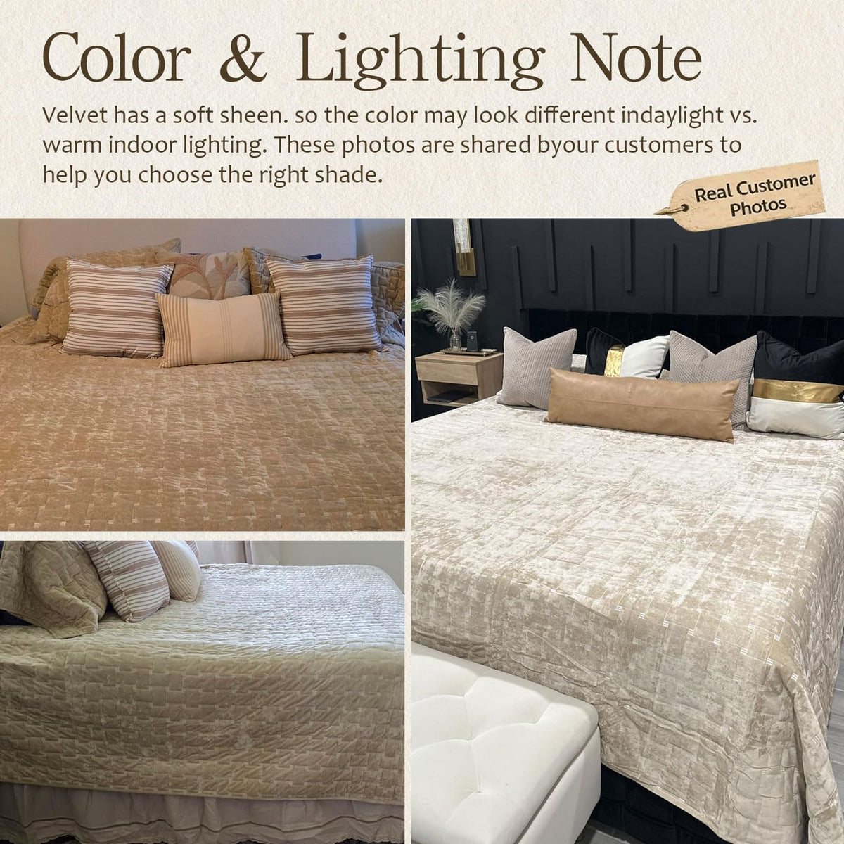 Grassix Velvet Quilt Set Queen Size, 3 Pieces Lightweight Velvet Comforter with Pillow Shams, Geometric Quilted Bedspread Coverlet Bedding Set for All Seasons, Beige, 90"x96"