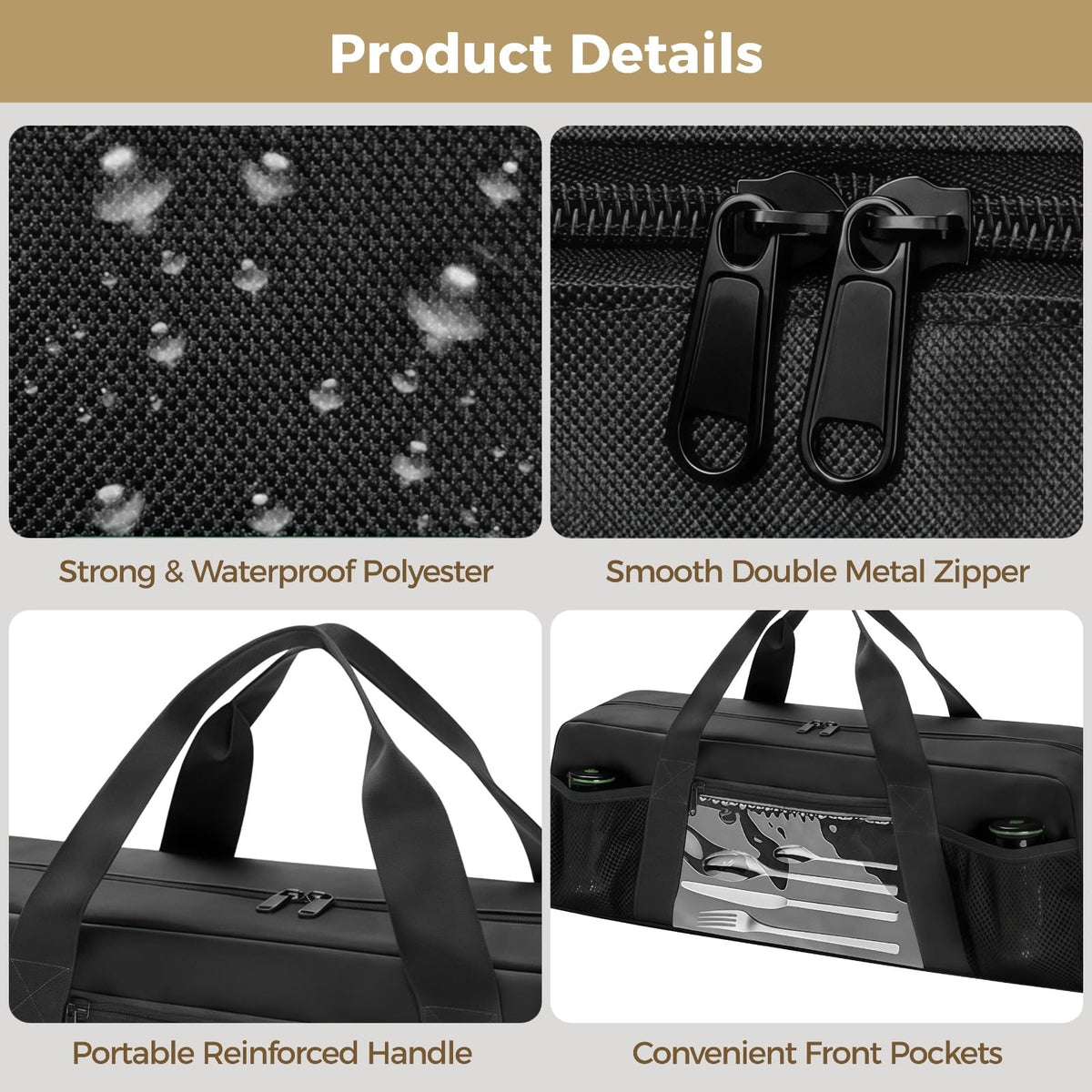 Grill Tool Storage Bag, Outdoor BBQ Utensil Holder for Barbecue Tool up to 20", Large Grill Utensil Storage Caddy with Pockets, BBQ Accessories Case Container for Camping, Bag Only, Black