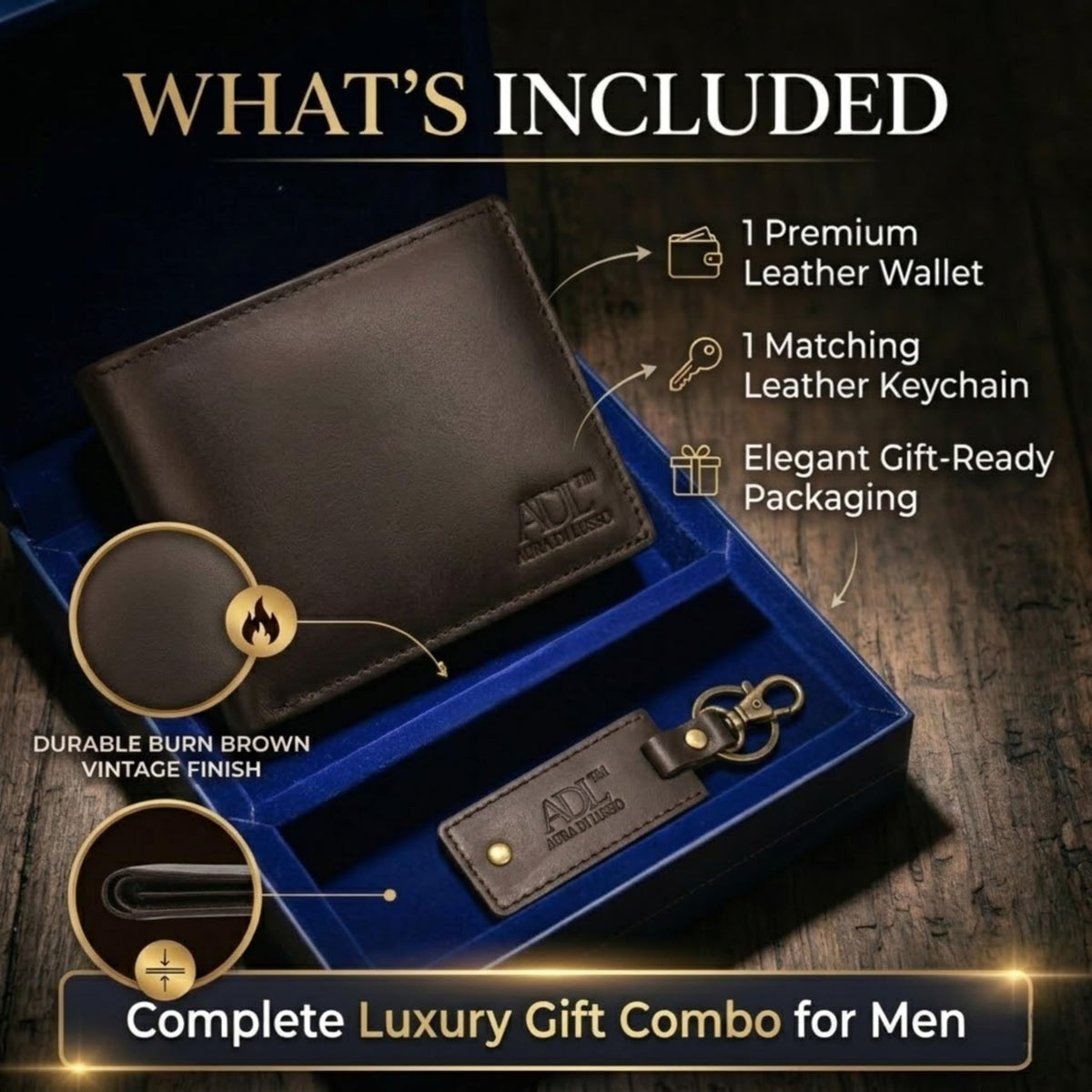 Aura Di Lusso Handmade Full Grain Premium Leather Wallet & Keychain Combo Set for Men | Stylish & Durable Gift Combo | Ideal for Everyday Use | Luxury Accessories for Men (Dark Brown)