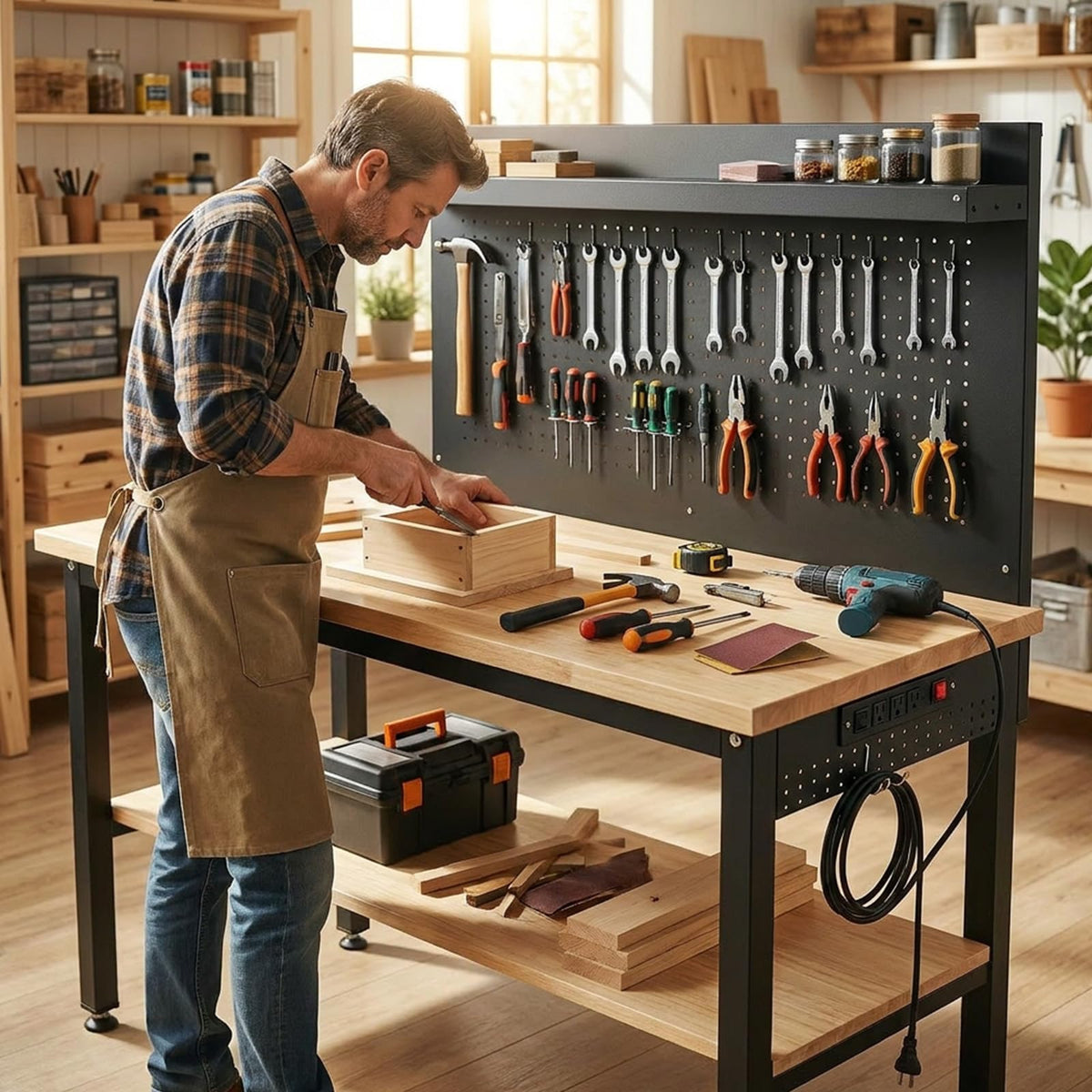 60'' Adjustable Workbench with Storage Shelf & Pegboard – Max Load 2000 LBS, Heavy Duty Rubber Wood Tabletop Tool Bench with AC/USB Outlet, Garage Organization, Work Benches for Workshop, Office