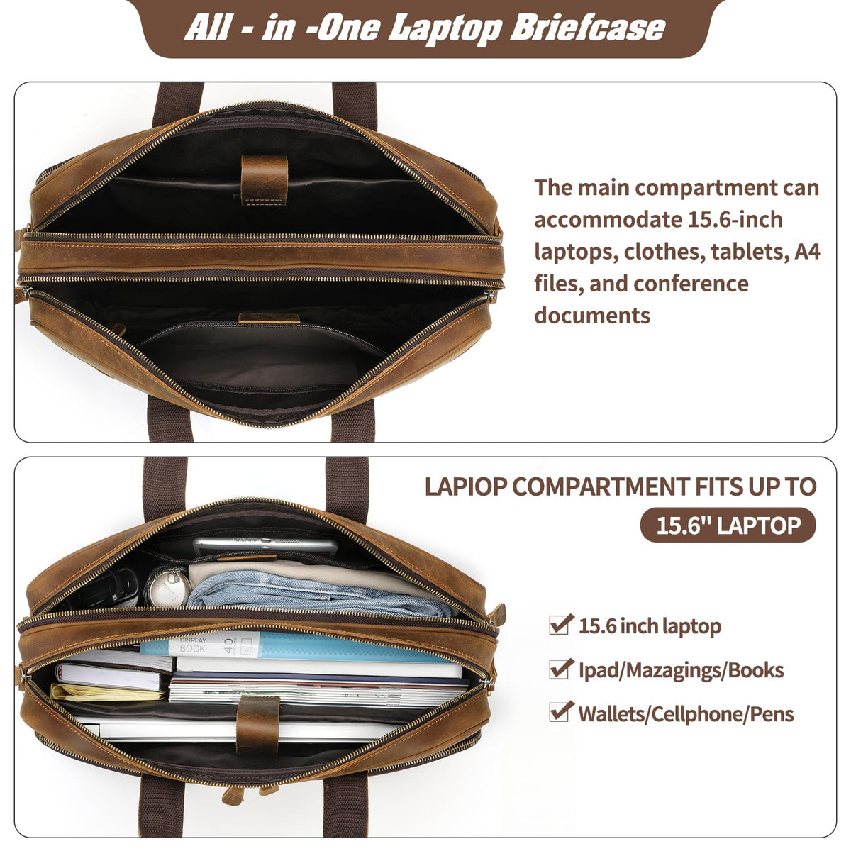 Jack&Chris Full Grain Leather Briefcase for Men,Business Messenger Bag Laptop Bag Attache Case 15.6"