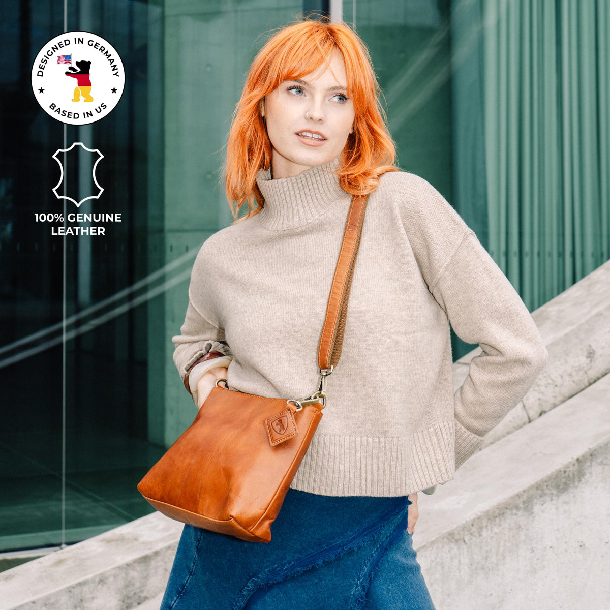 BERLINER BAGS Vintage Genuine Leather Shoulder Bag Marbella S, Small Crossbody Purse for Women - Brown