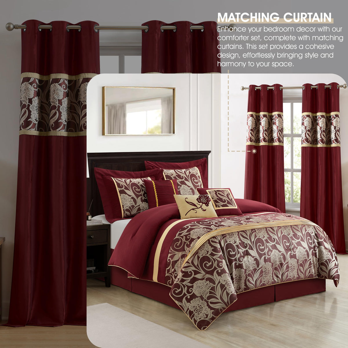 Stratford Park Red and Gold Comforter Set Queen Size, 9 Piece Jacquard Floral Bedding Set, All Season, Ultra-Soft, Matching Pillows & Shams, Bed Skirt, Curtains