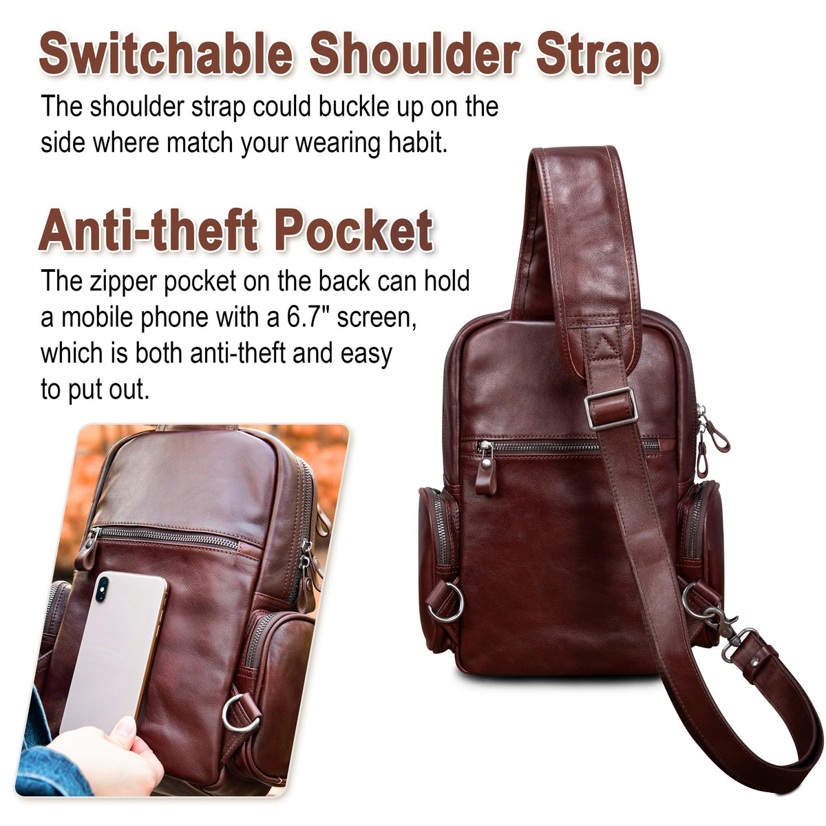 CENUNCO Genuine Leather Sling Bag for Men Large Crossbody Shoulder Bag Casual Sling Backpack Anti-Theft Travel Chest Purse (Dark Brown)