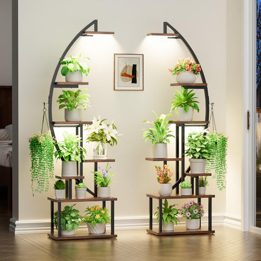Plant Stand Indoor with Grow Lights: Large Plant Shelf for Multiple Plants, 2 Pack Plant Racks 7 Tiered, Lighted Corner Flower Stands Half Moon, Black Plant Holders Indoor Tall for Living Room Patio