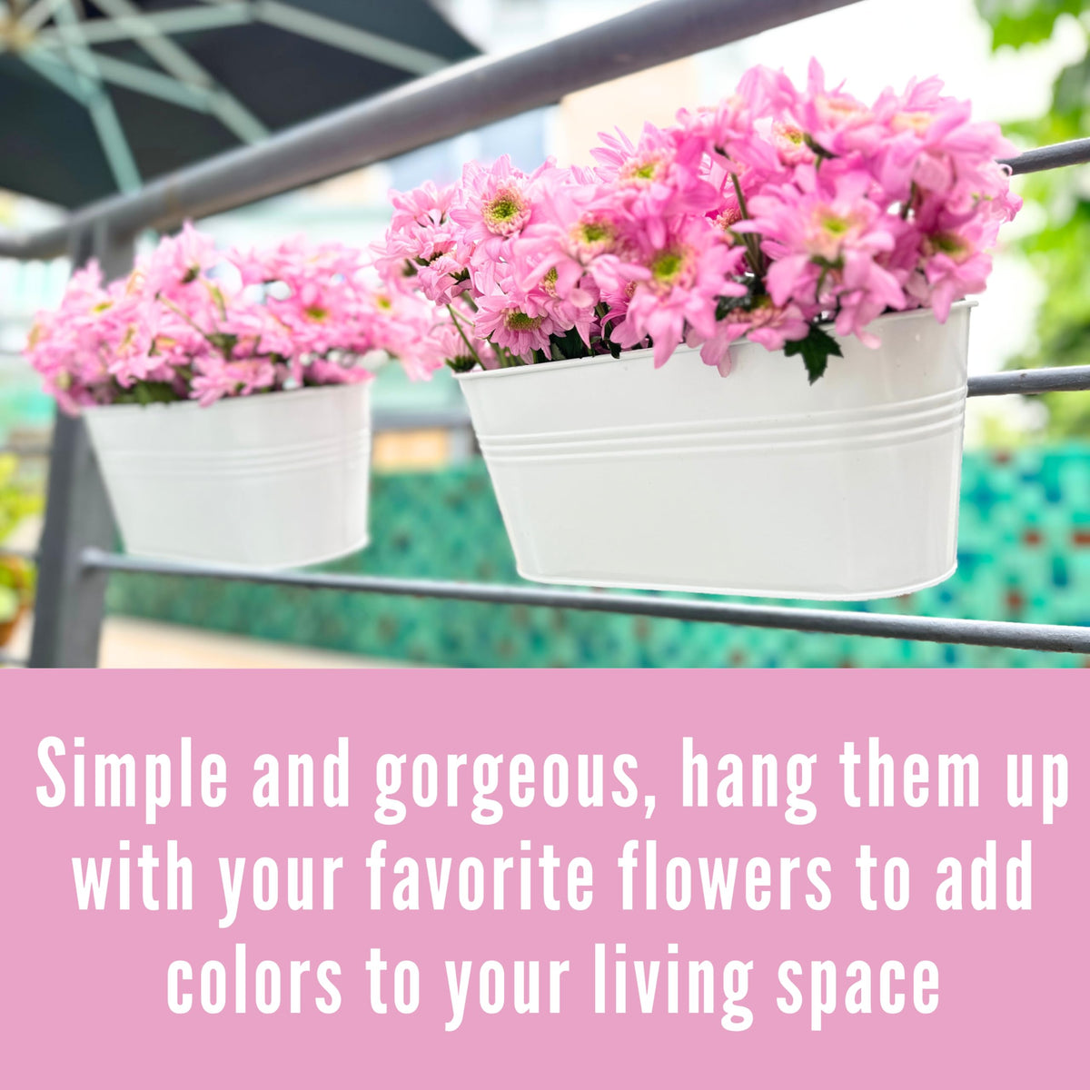 LaLaGreen Outdoor Plants Rail Planter (15 Inch, 2 Pack) White Metal Iron Hanging Flower Pot Deck Railing Fence Bucket Modern Boho Style Wall Mount Window Box Plant Holder Hooks Porch Herb Garden Decor