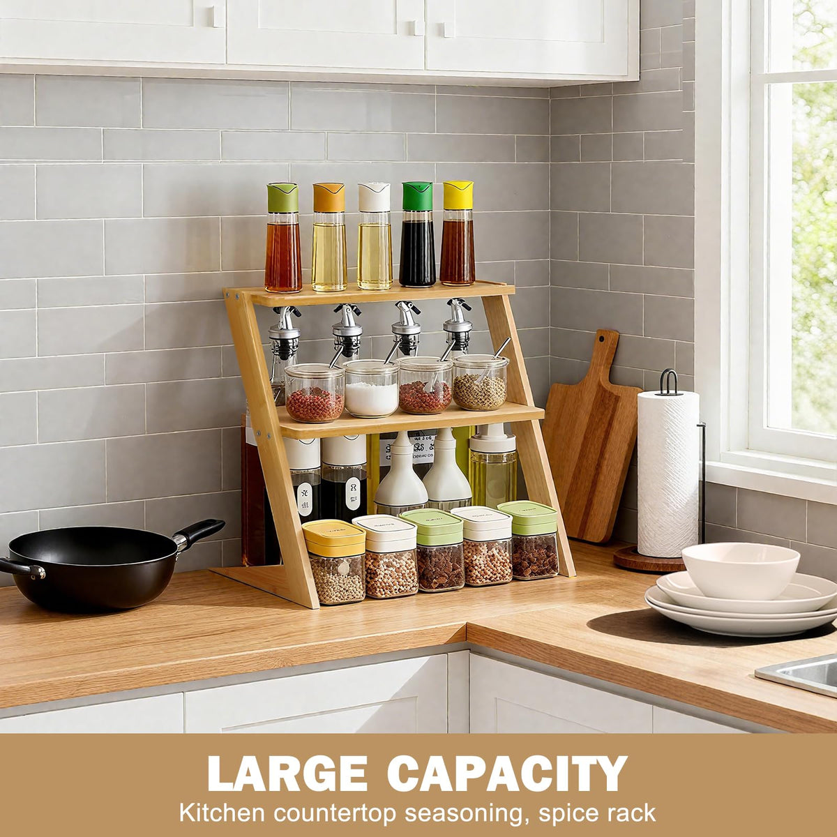OcBuct 3 Tier Table Top Countertop Small Plant Stand with Shelf Adjustable, Bamboo Wooden Desk Plants Succulent Stand, Office Flower Pot Holder Rack ,Cup Cake Stand, Kitchen Spice Rack