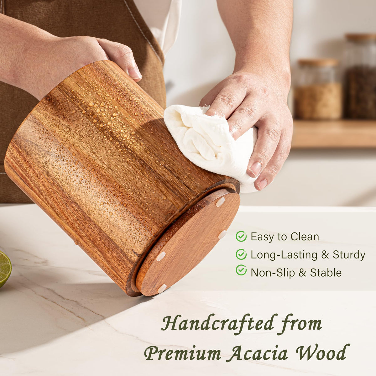 Criusia Utensil Holder 2 Pack, 360° Rotating Acacia Wood Cooking Utensil Crocks for Kitchen Counter, Farmhouse & Modern Decor, (1 Large,1 Small)