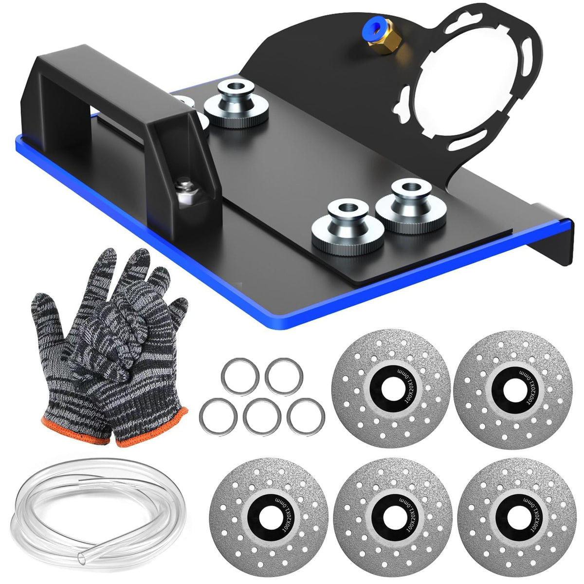 Angle Grinder Stand for Tile 45° Chamfer Cutting Tile Chamfering Tool with 3 Saw Blades 2 Meter Long Hose & Gloves 100 -Type Angle Bracket Grinder Holder for Ceramic Stone Cutting(Black)