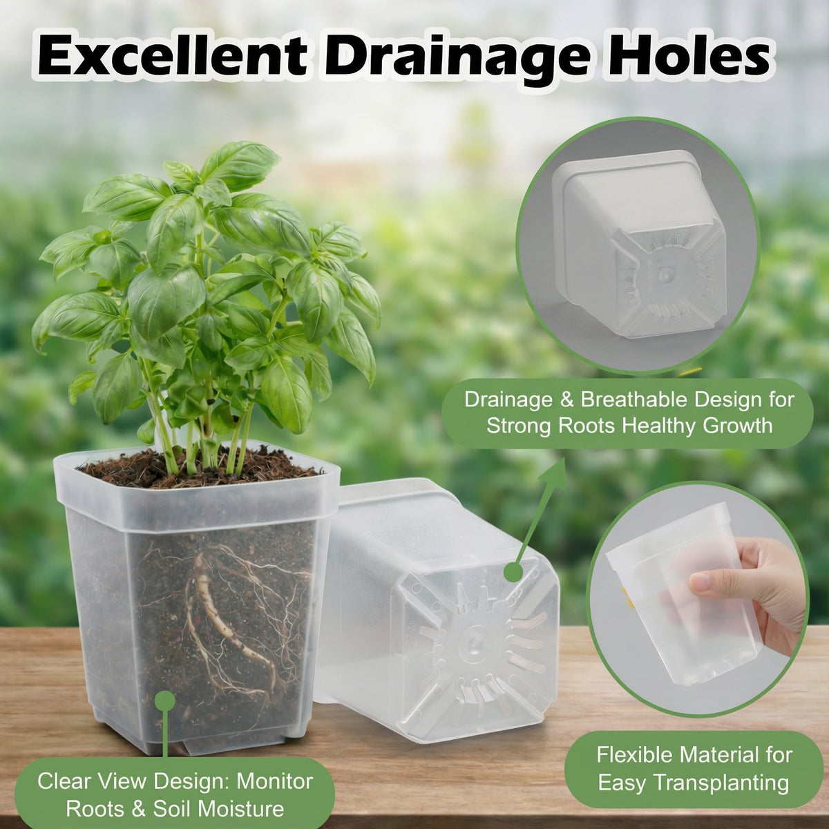 RooTrimmer 120 Packs Square Clear Nursery Pots with Drainage, 2.7 Inch Plastic Seedling Pots for Indoor Plants, Thickened Small Transplant Pot for Seed Starting Succulents Vegetables Lettuce Flowers