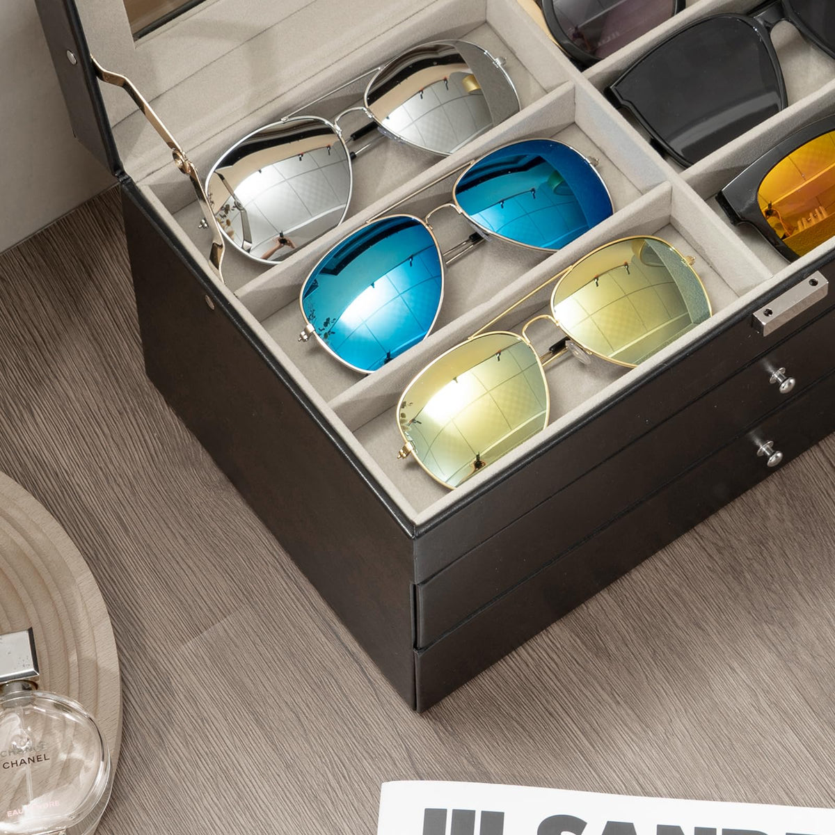 ProCase 3-layer Sunglasses Storage Organizer, 18 Slots Leather Sunglass Box Multiple Pairs Eyeglass Cases Eye Glass Eyewear Display Holder for Men Women, Valentine's Day Gift -Black