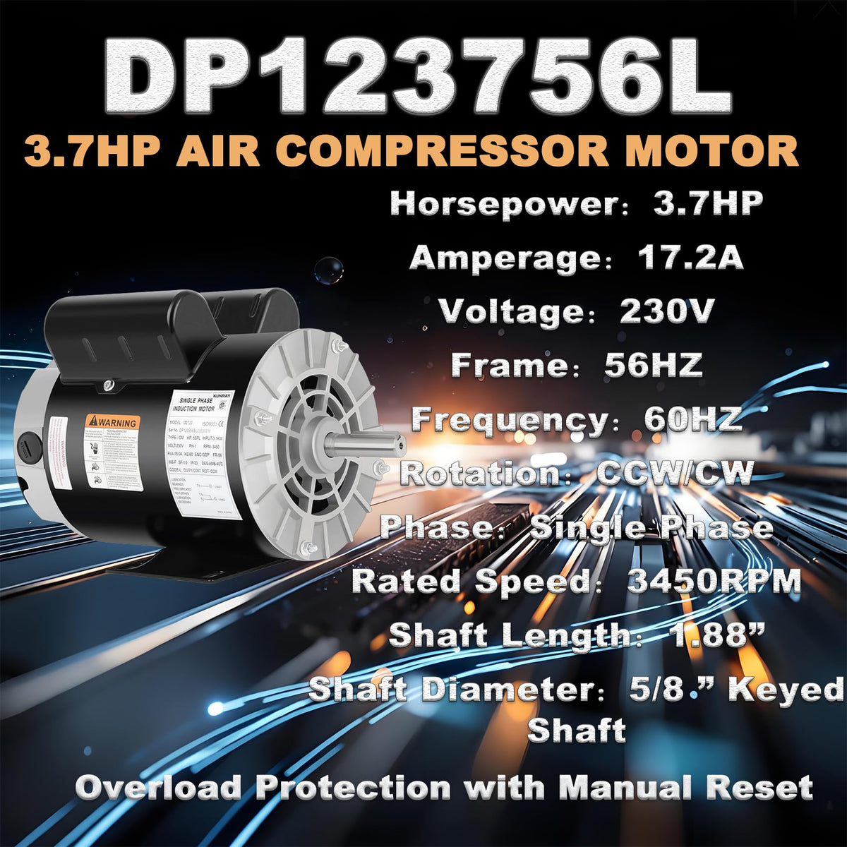 Kunray 3.7HP Air Compressor Motor, 3450RPM Electric Motor, 230V 17.2 Amps Single Phase Motor, 5/8" Keyed Shaft 56 Frame, 1.88" Shaft Length, CCW/CW Rotation