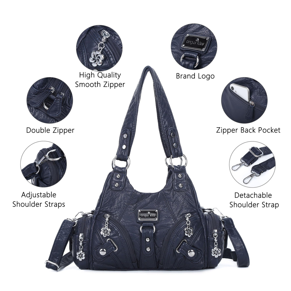 Angel Kiss Purses for Women Small Hobo Shoulder Bags Vagen Leather Multi-Pocket Tote Bag with Zipper (Blue)