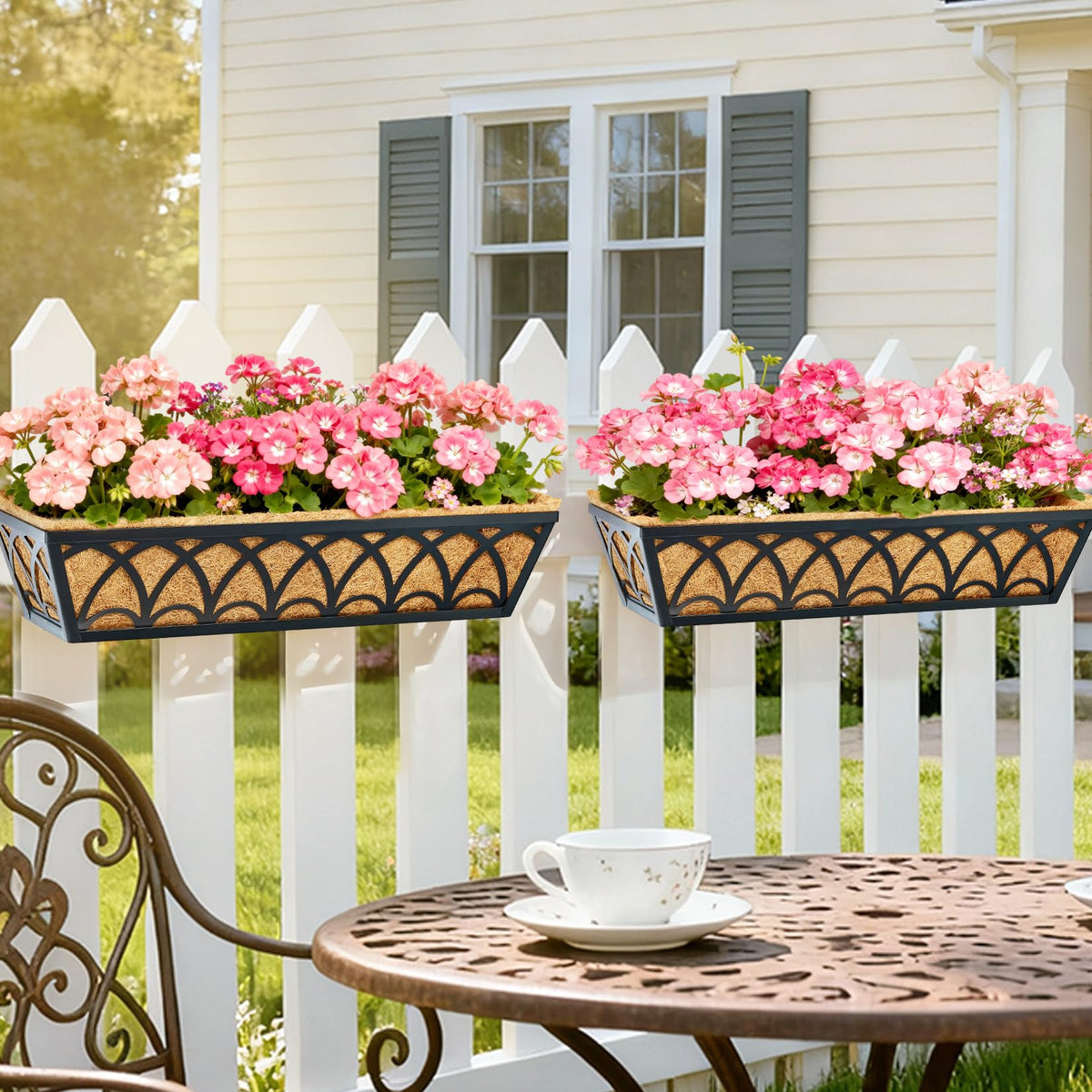 24 Inch Railing Planter Box Window Boxes Planters - 2 Pack Deck Railing Planter Boxes with Adjustable Brackets Coco Liners Balcony Planters Railing Hanging for Window Flower Boxes Outdoor Garden Decor