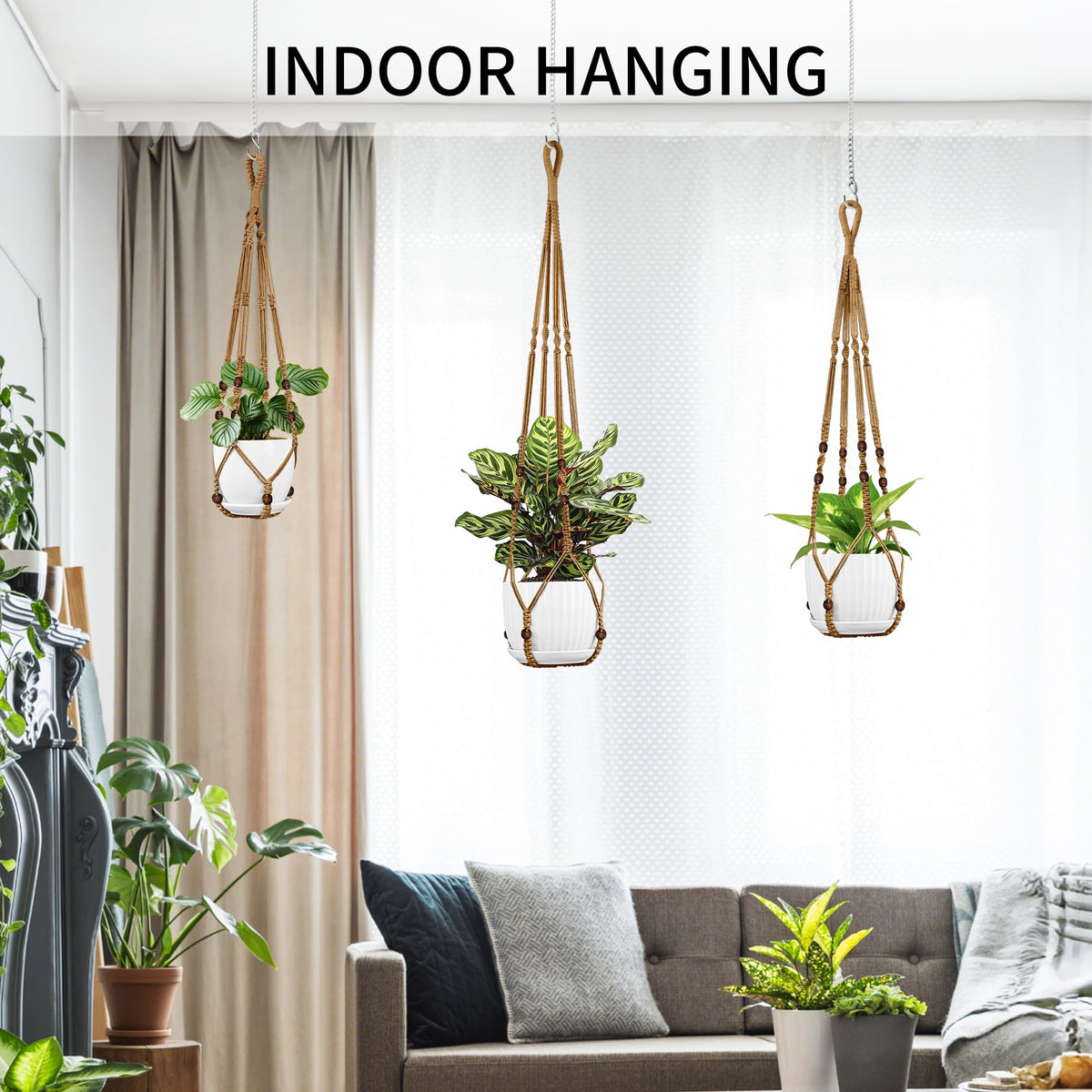 IDEEEPAN Macrame Plant Hanger - Fits 4 to 15 inches Pots for Indoor Outdoor, 43"/35"/29" Different Sizes Set, Brown (POTS NOT Included)
