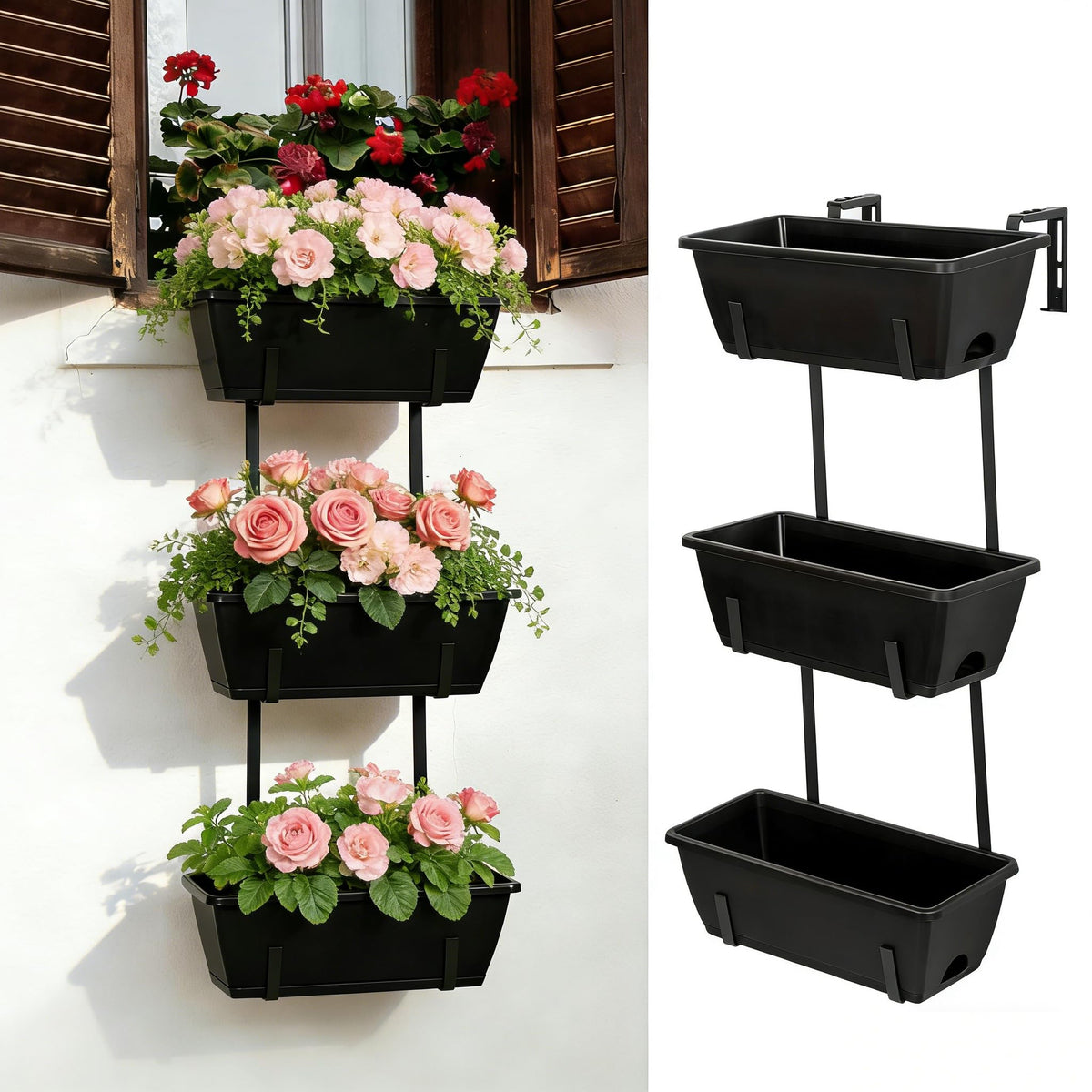 OYEAL Railing Planter Box 3 Tier Vertical Window Boxes Planter Outdoor with Adjustable Brackets & Rectangular Flower Pots Deck Railing Hanging Flower Pots for Patio, Lawn, Porch, Balcony Decor, Black