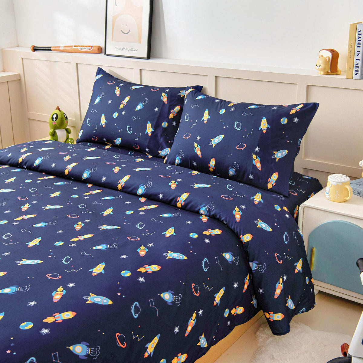 Swiftify Full Size Sheet Set for Kids Boys, 4-Piece Bed Sheet Set for Teens Boys Girls, Cartoon Printed Bedding Set, Microfiber Deep Pocket, Wrinkle & Fade Resistant, Space Rocket