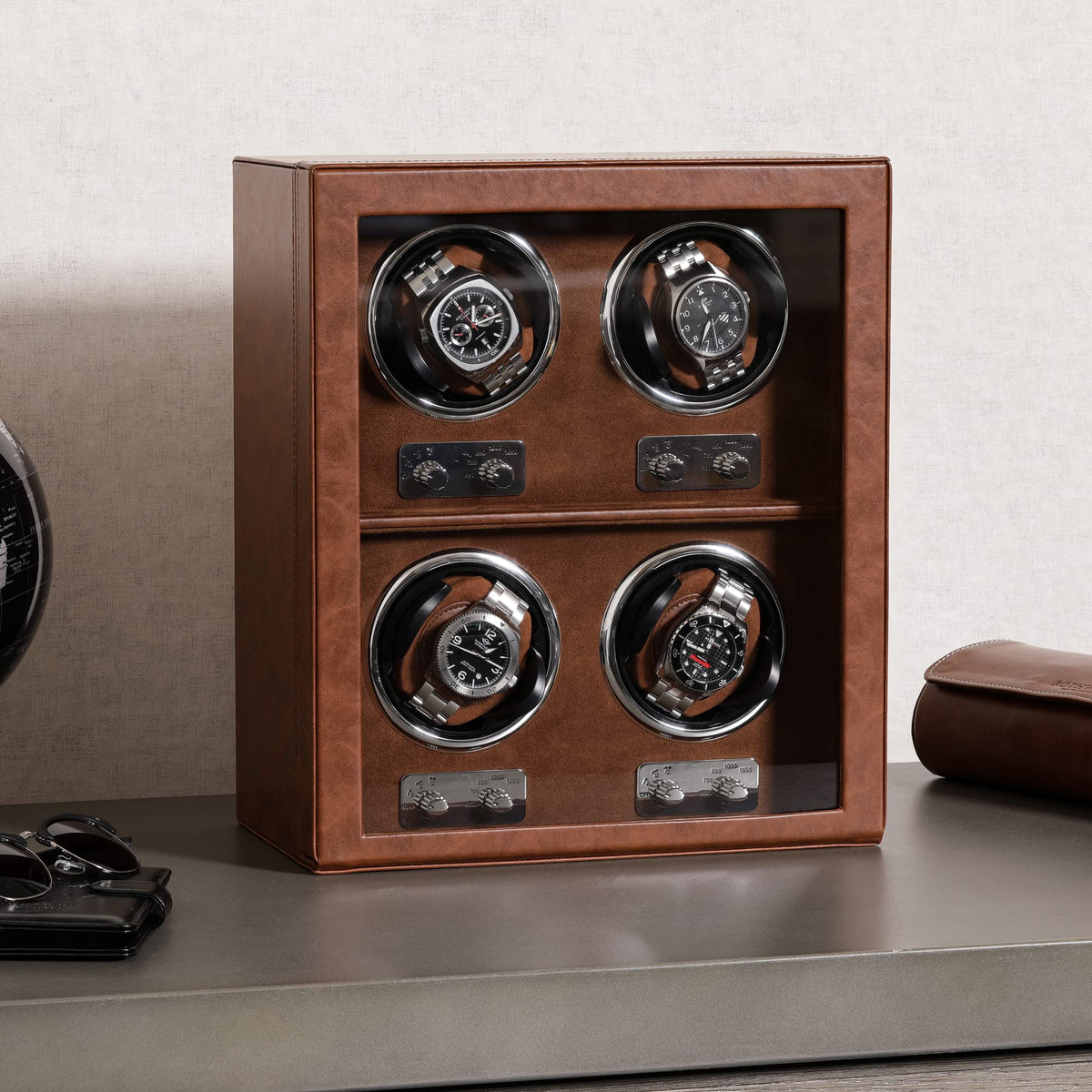 ROTHWELL 4 Watch Winder for Automatic Watches with Quiet Motor with Multiple Speeds and Rotation Settings (Tan/Brown)