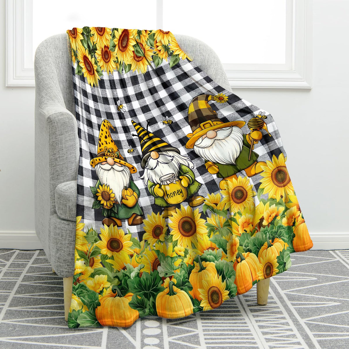Jekeno Christmas Gnomes Sunflower Blanket Floral Gifts for Women Men Kids Boys Girls Dad Mom Husband Wife Friends Birthday Halloween Home Bedroom Room Decor Flower Blanket 50"x60"
