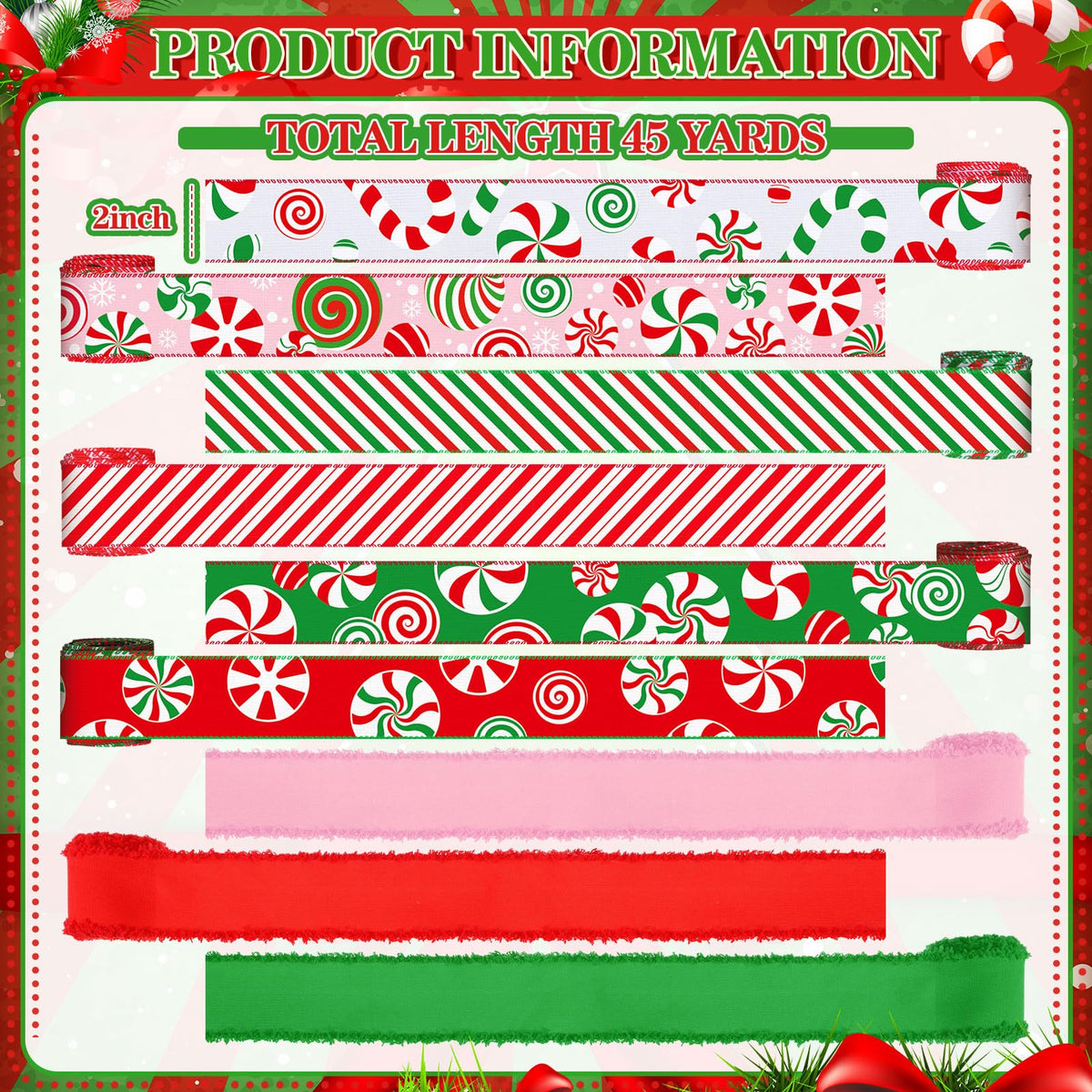 Yuxung 9 Rolls 45 Yards Christmas Candy Peppermint Ribbon Wired Edge Ribbons for Wreaths Red Green Candy Cane Print Craft Ribbon Burlap Grosgrain Ribbon for Christmas Party Decorations DIY Supplies