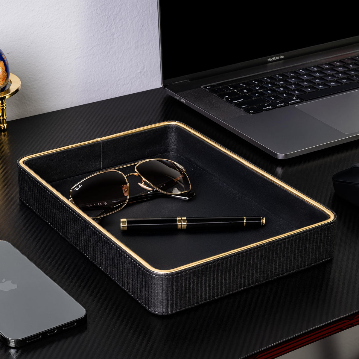 Leather Catchall Valet Tray for Men| Mens Valet Catch All Trays| Bedside Organizer for Nightstand| Cologne Tray for Men| Desk Trays Leather Tray Organizer (Black)