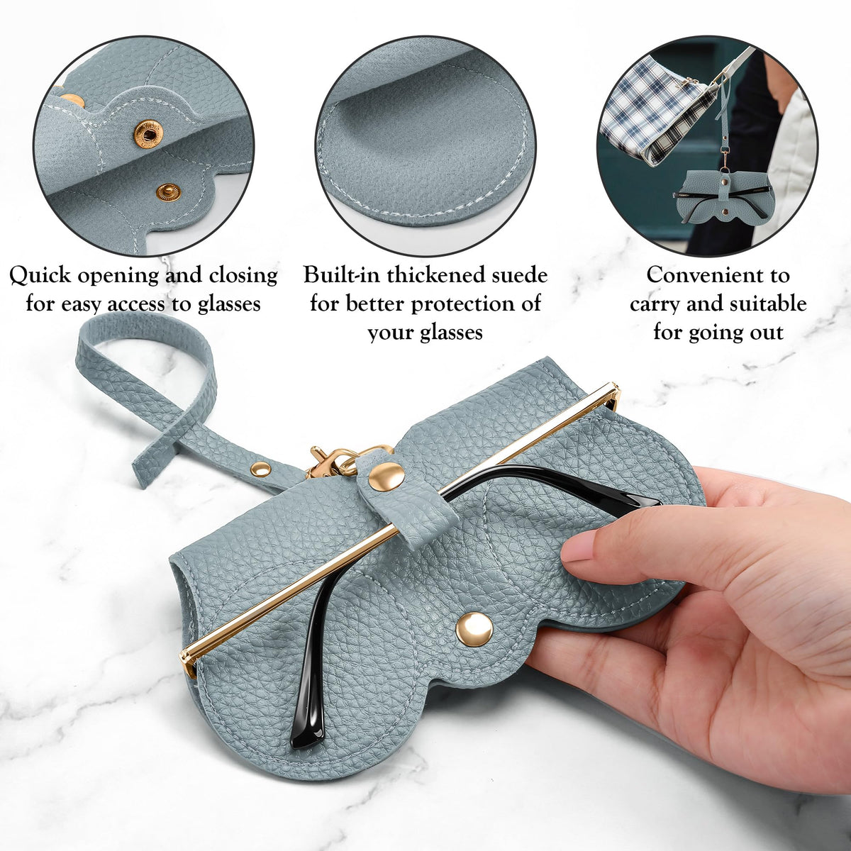 FEISEDY 2Pack Soft Leather Sunglass Bag, Holder Eyeglasses Case, Portable Glasses Pouch With Button Clip Wrist Strap B0049