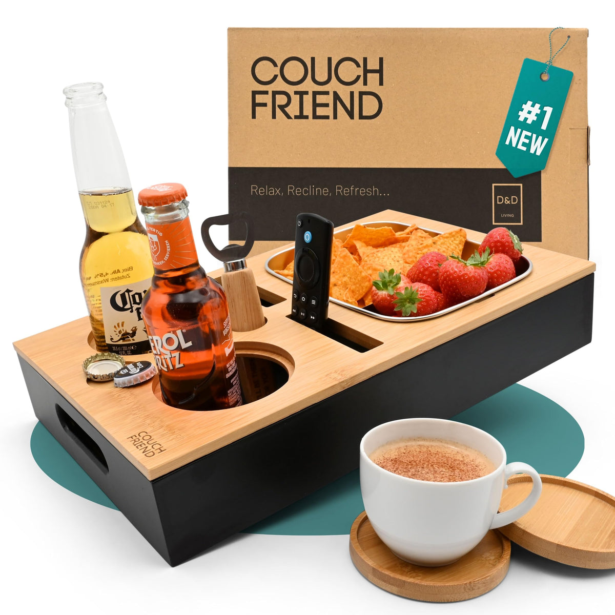 D&D Living® Couch Caddy - Bamboo Couch Console | Anti-Spill Drink and Cup Holder | Snack Organizer Tray for Sofa with Bottle Opener