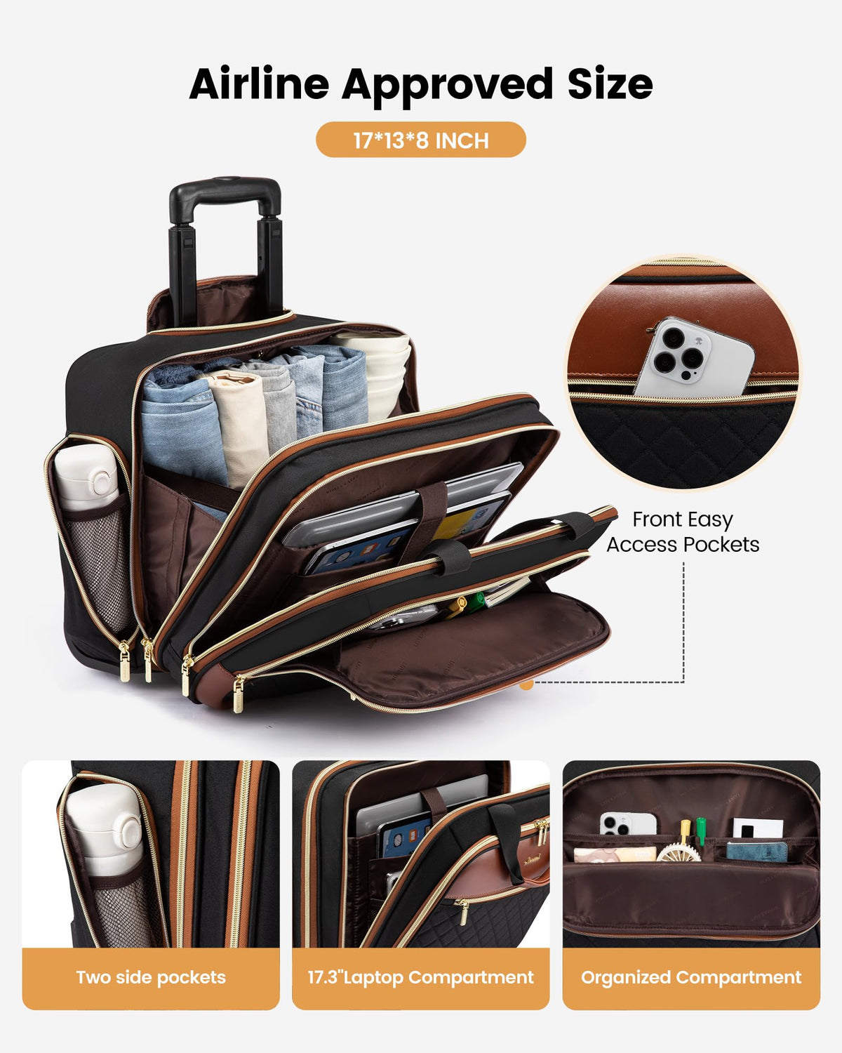 LOVEVOOK Rolling Laptop Bag Women, 17.3 Inch Laptop Briefcase with Wheels, Soft Sided Underseat Carry On Luggage Personal Item Suitcase for Work Travel Business, Black Brown