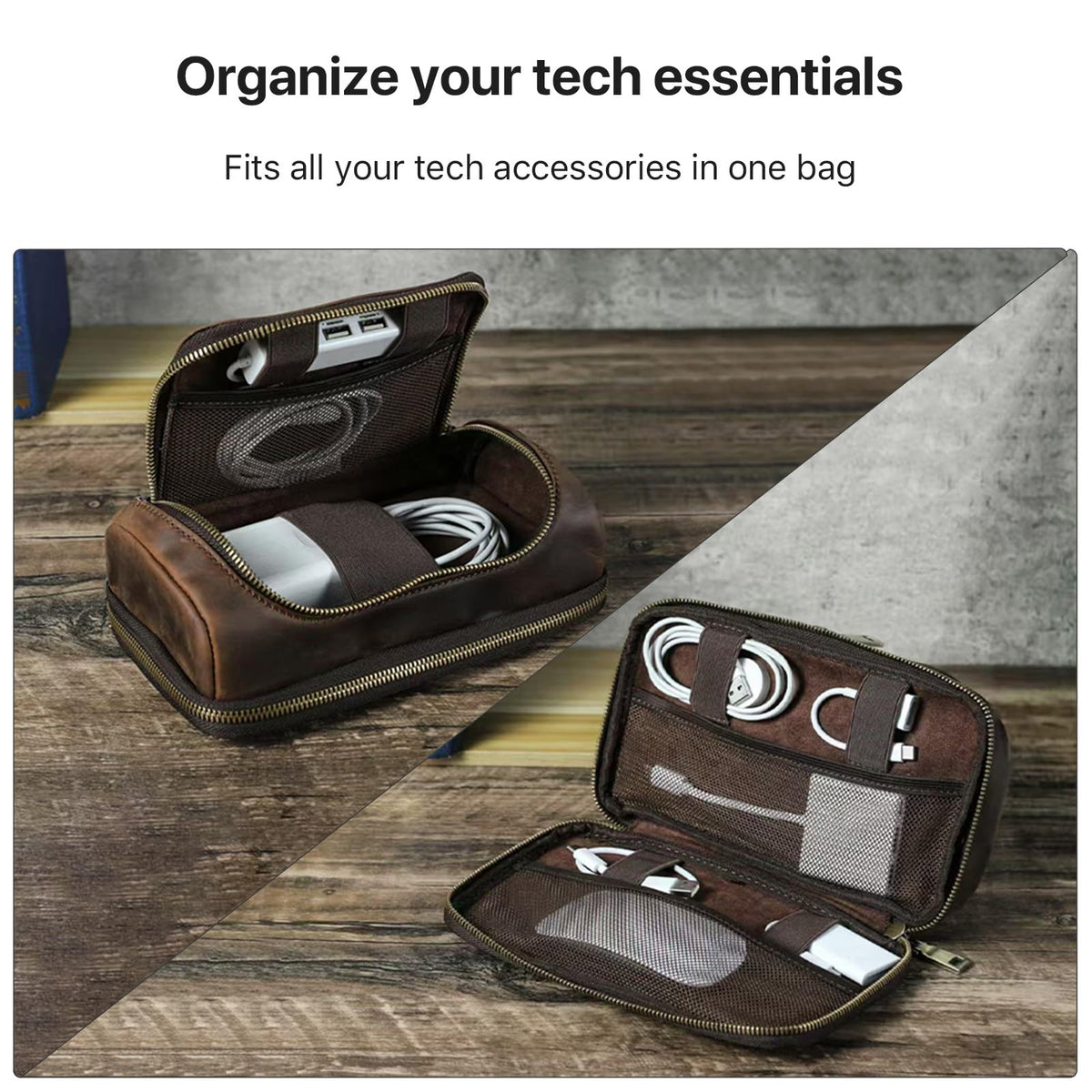Hiram Handmade Crazy Horse Leather Tech Organizer Travel Case – Accessories Organiser Bag for Laptop, Tablet & Cell Phone, Double Compartment Charger Organizer Travel Case Coffee