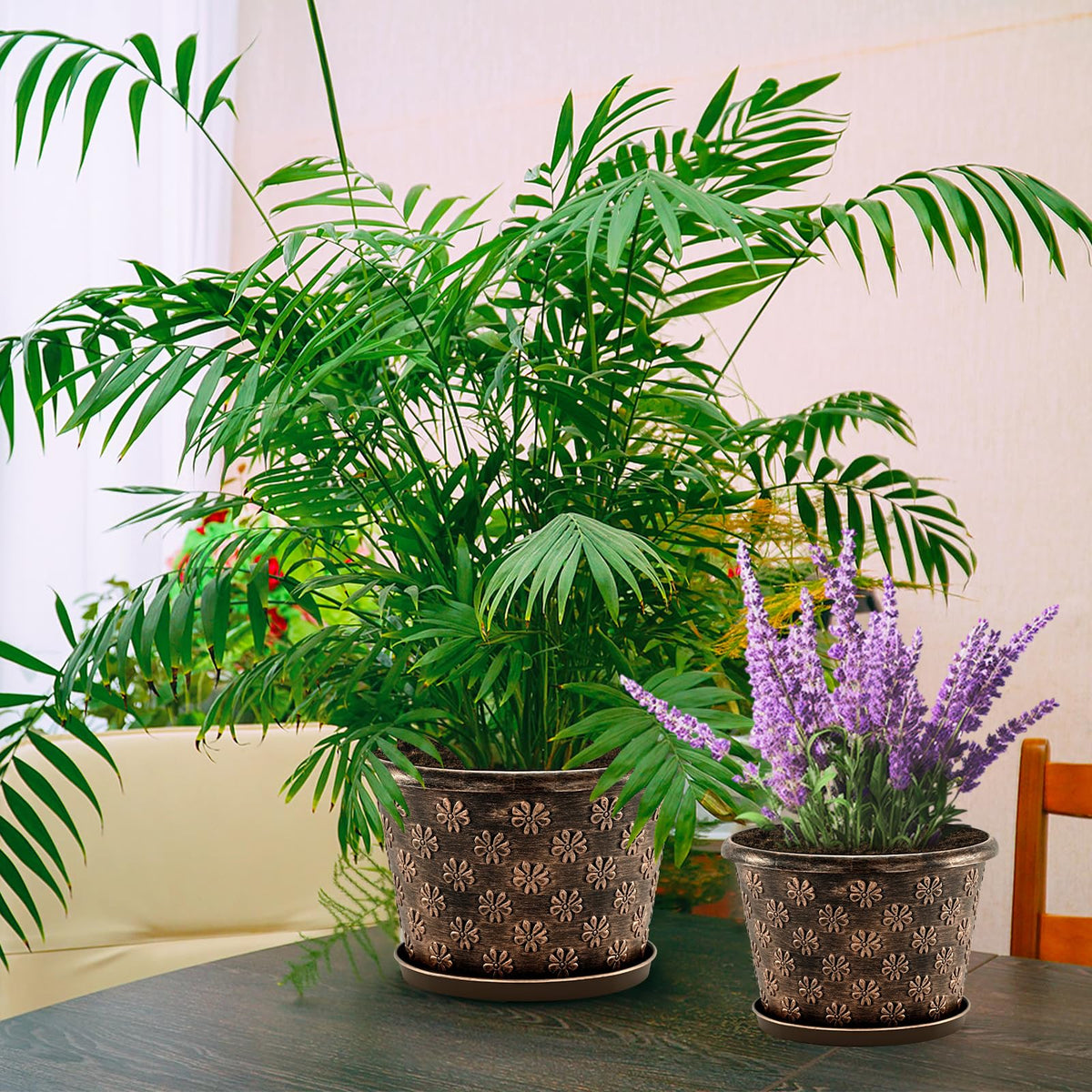 10 Inch Planter Pots for Plants, 4 Pack Plastic Large Flower Pots Indoor Outdoor, Resin Plant Pot with Drainage & Saucer, Retro Decorative Garden Pot with Removable Trays for House