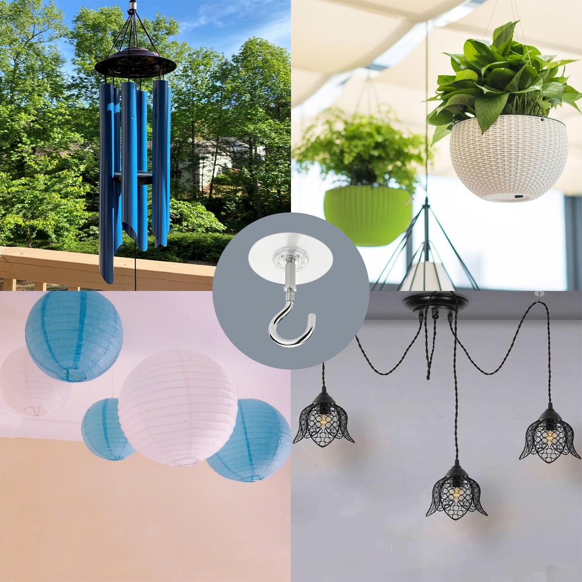 Adhesive Ceiling Hooks 4 Pack, 30lbs Super Heavy Duty Self-Sticking Hangers for Hanging Plants, Lights, Wind Chimes, Lanterns – 8cm Round No Drill Pad, Stainless Steel, Peel & Stick for Smooth