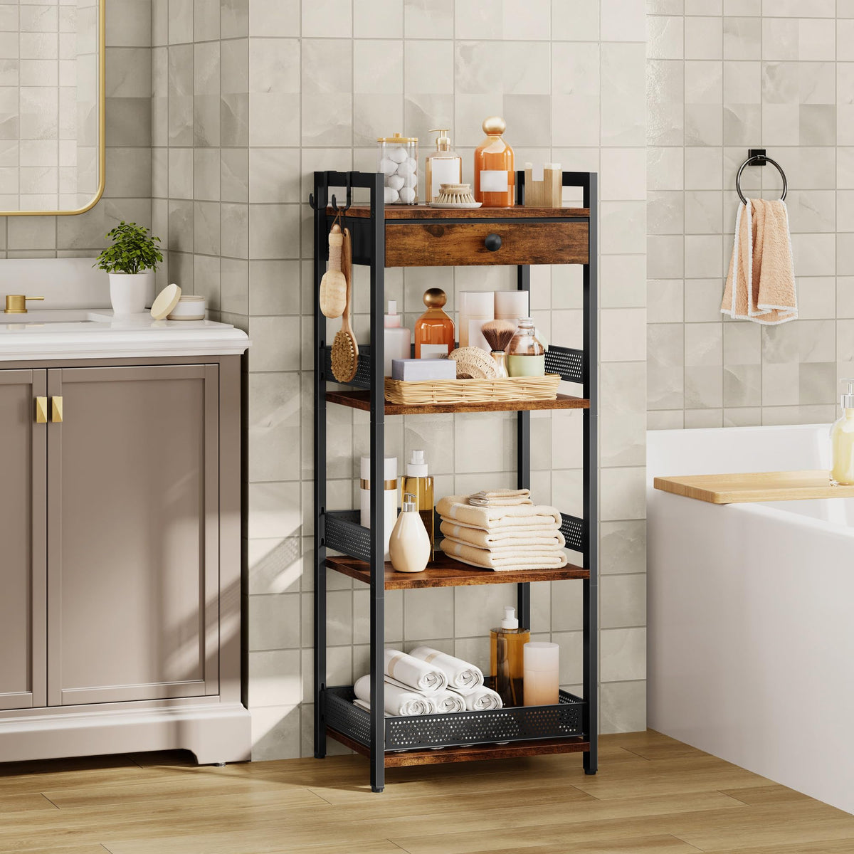 FAVOOSTY 4 Tier Ladder Shelf Stand, Bookshelf with Drawer Storage, Decorative Display Shelves Wood & Metal, Plant Shelf, Standing Shelf Unit for Living Room Bedroom Office Kitchen, Rustic Brown