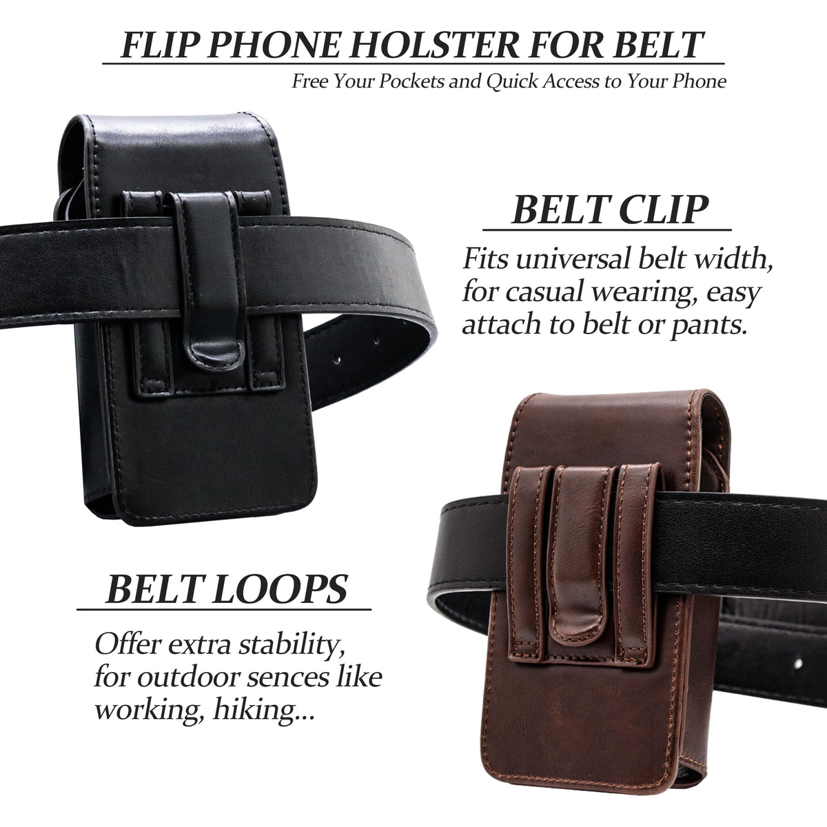 TarbicGear Leather Flip Phone Case with Belt Clip, Pouch for Kyocera & TCL Flip Phone Holster for Belt, Cat S22 Flip Case, Nokia Flip Phones, Sonim XP3 Plus Magnetic Phone Pouch, Brown Color