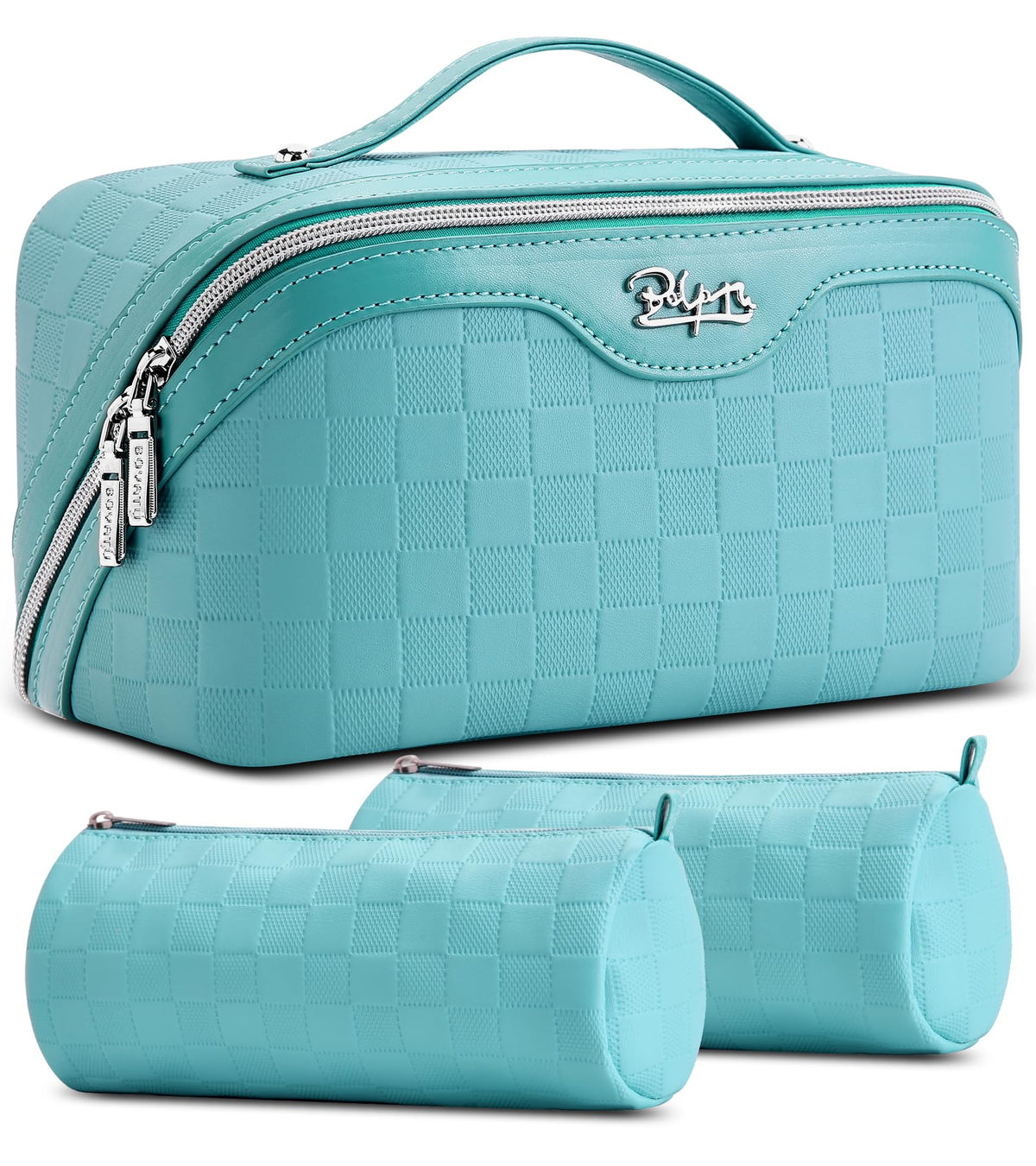 BOYATU Checkered Travel Makeup Bags: Vacation-Ready Light Blue Large Capacity Cosmetic Bag for Women - 3 Pcs Set Toiletry Organizer with Waterproof Leather - Easy to Clean Beach Trip Essential