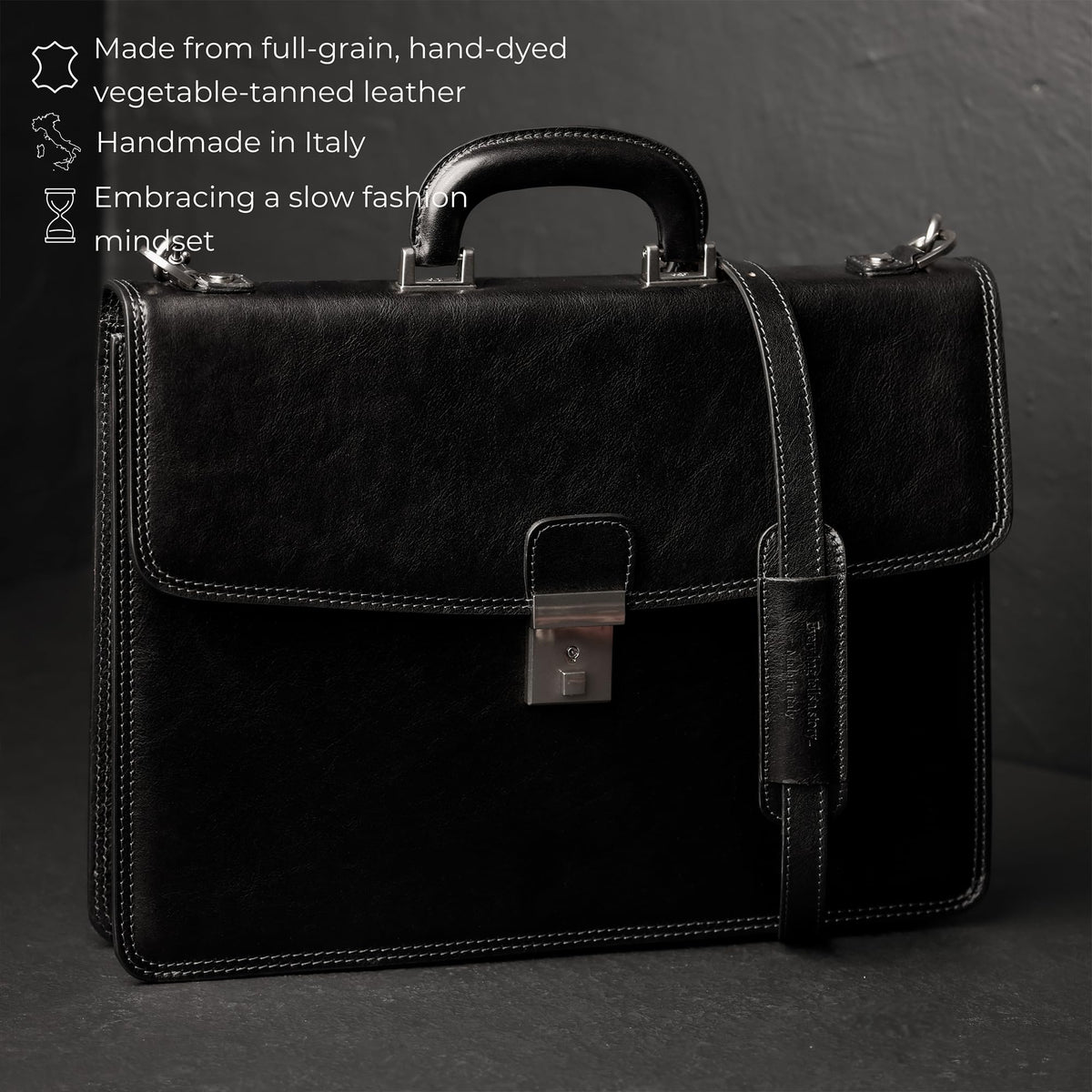 Time Resistance Leather Briefcase - Italian Handmade Leather Laptop Bag - Handbag for Men - Professional Computer Case (Black)