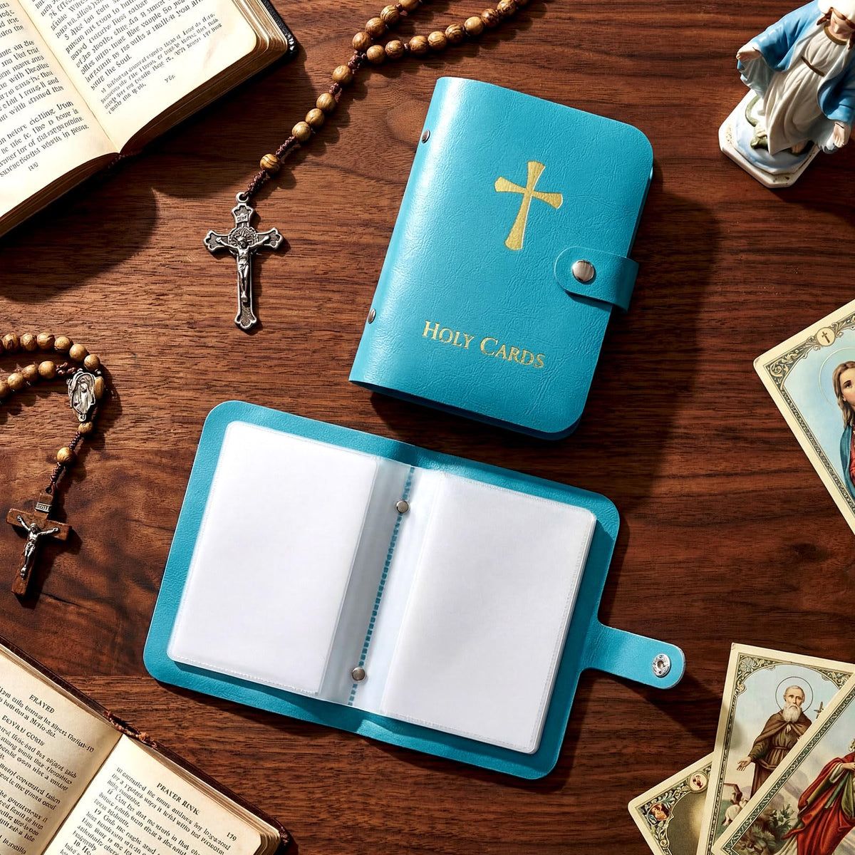Lerheedi Holy Card Holder Case Faux Leather, up to 40 Prayer Cards with Snap Closure, Portable for Travel, Ideal Religious Gift for Adults, Unisex (Blue)