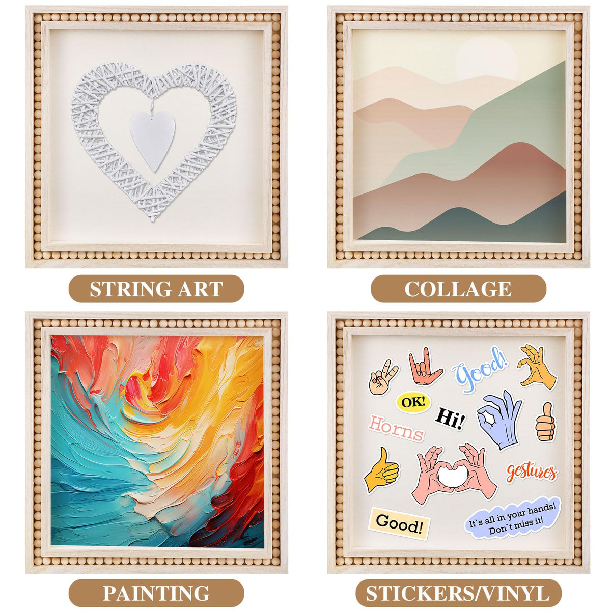 Wenqik 4 Pack Beaded Wood Canvas Panels Unfinished Wooden Blank Framed Signs Boho Style Panel Boards Square Plaques for DIY Crafts Painting Pouring Drawing Art Projects(8 x 8 Inch)