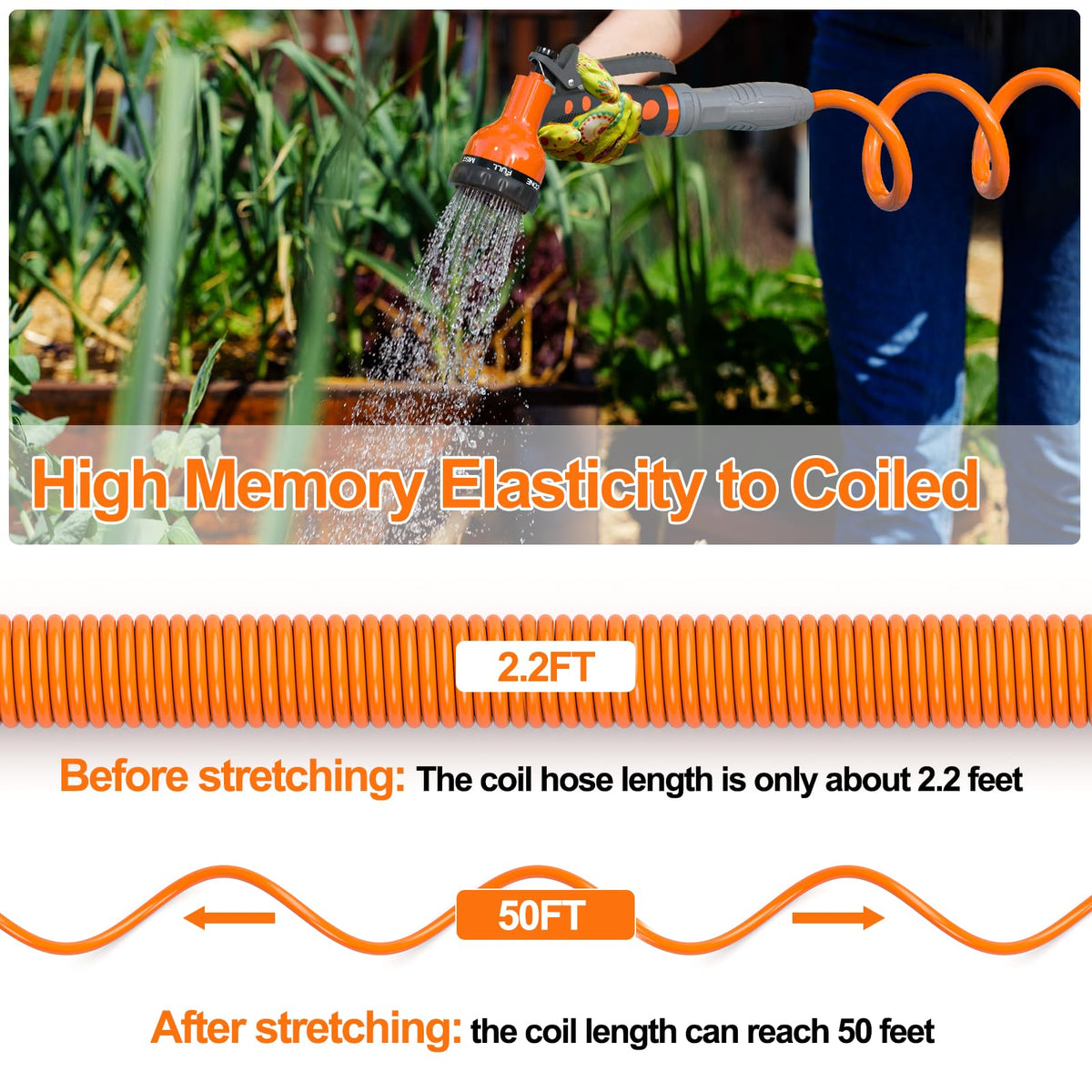 SPECILITE 3/8” Lightweight Coil Garden Hose 50 FT, EVA Retractable Curly Water Pipe with 6-Pattern Spray Nozzle for Boat, Greenhouse, Yard, Patio (Orange)