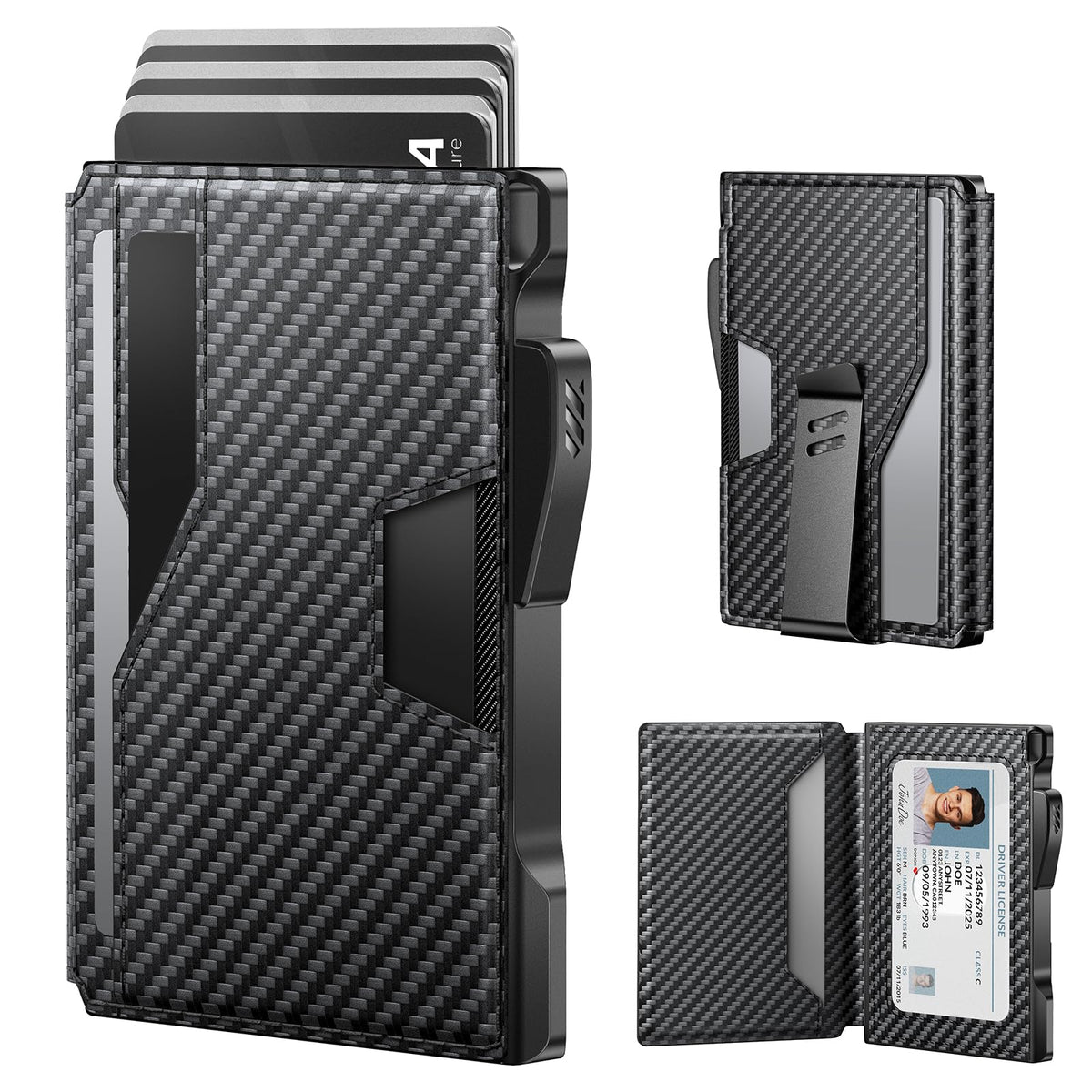 typecase Wallet for Men: Rfid-blocking with Money Clip Slim Leather Bifold Wallet ID Window Smart Pop Up Card Case Hold 9-13 Cards Front Pocket Wallet with Gift Box (Carbon Fiber Black)