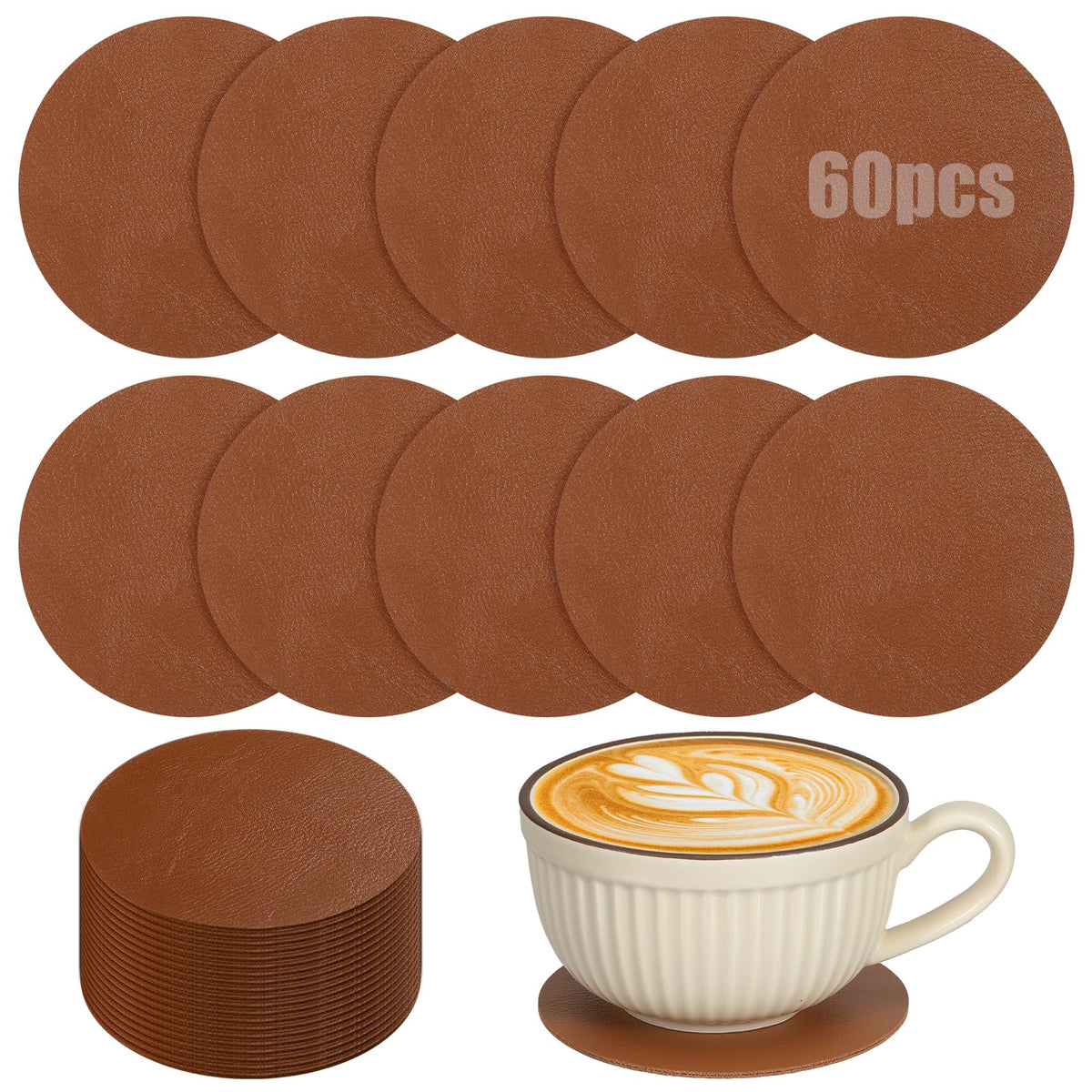 Oqqlin 60 Pcs PU Leather Coasters, 4 Inch Round Leather Coasters 10 mm Thickness Brown Drink Coaster for Home, Coffee, Tabletop Protection, Home Decoration